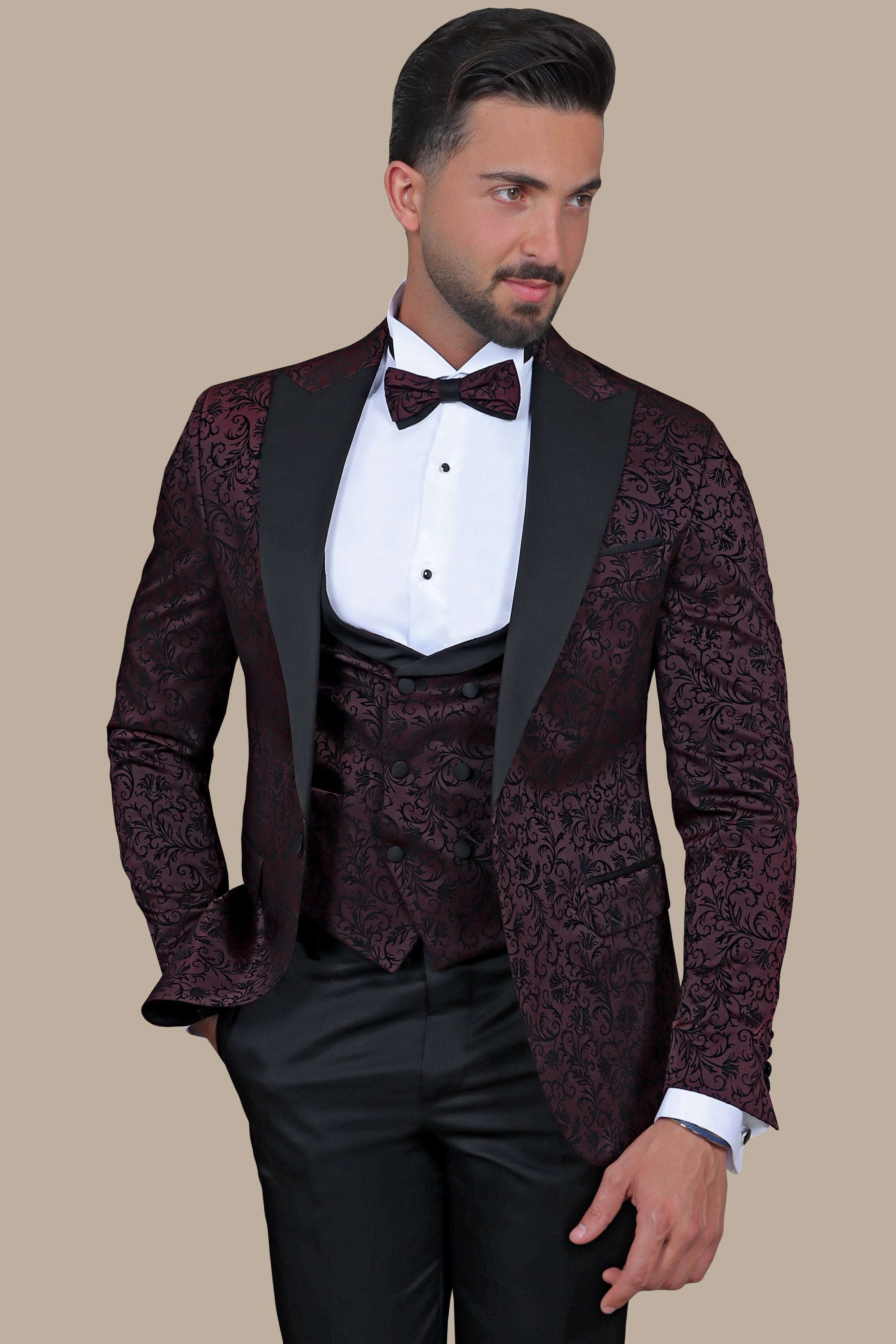 Burgundy Elegance: Tuxedo Jacquard Leaves 4-Piece Set