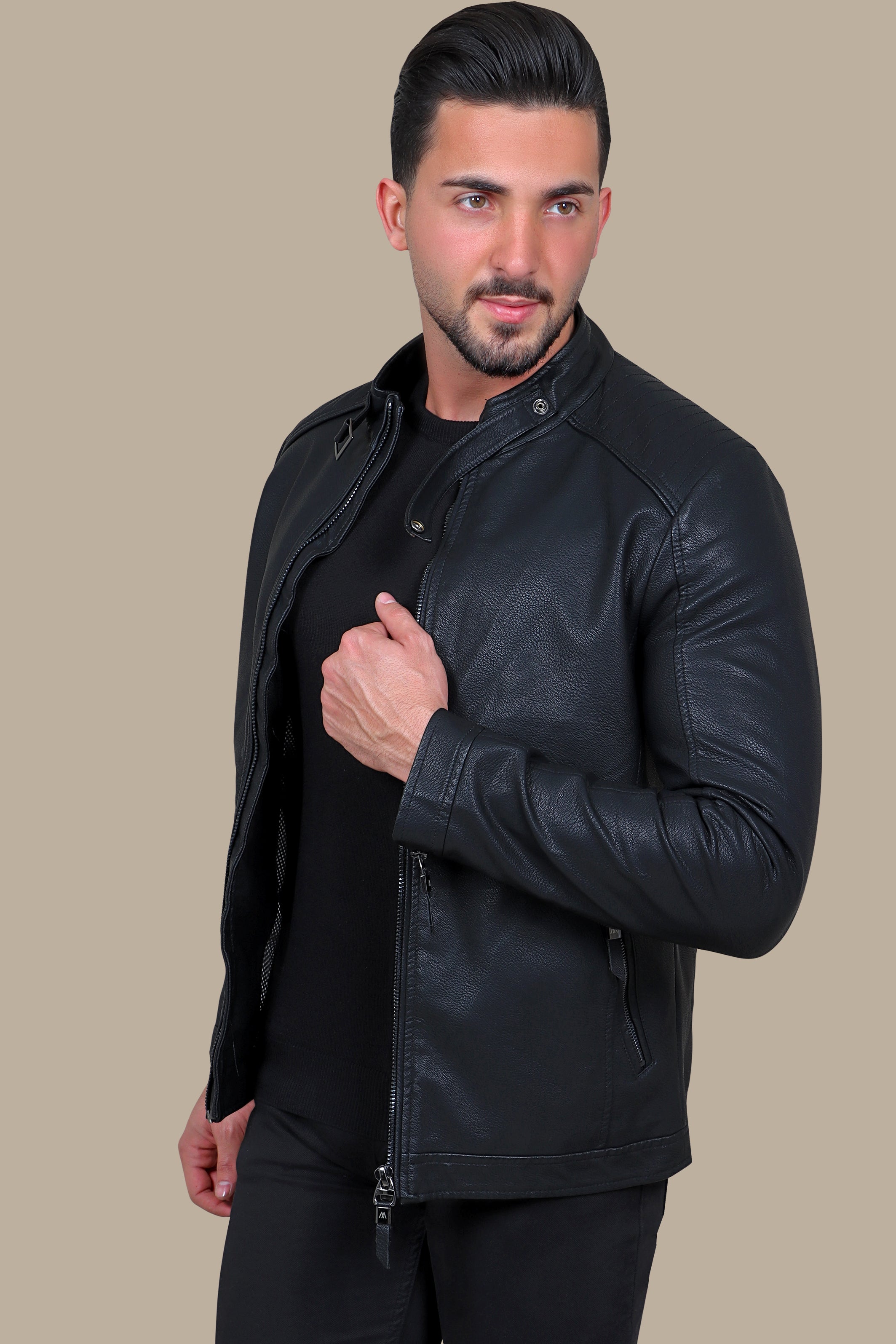 Jacket Faux Leather Col Mao with Buckle | Black