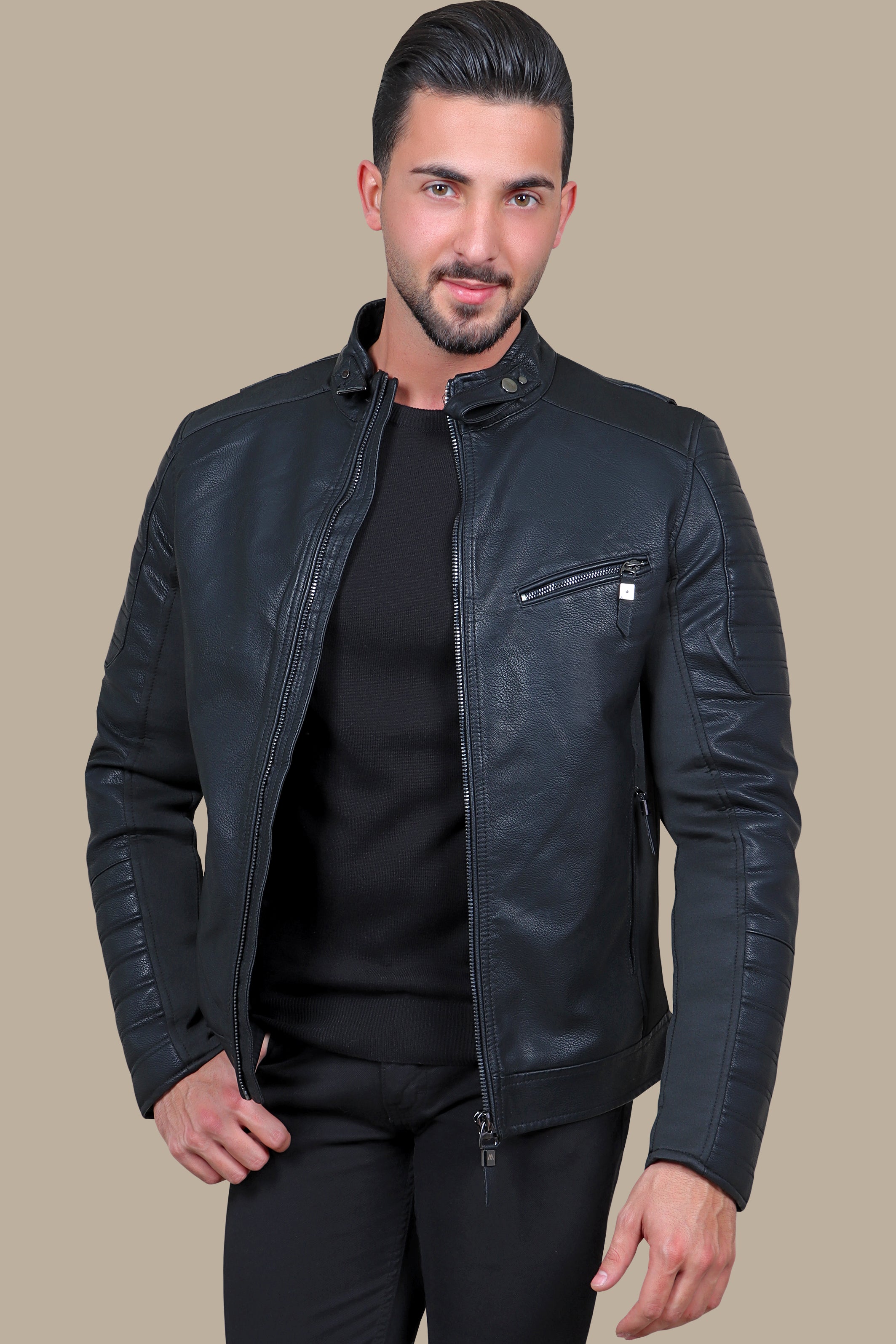 Black Elegance: Faux Leather Jacket with Neck Belt