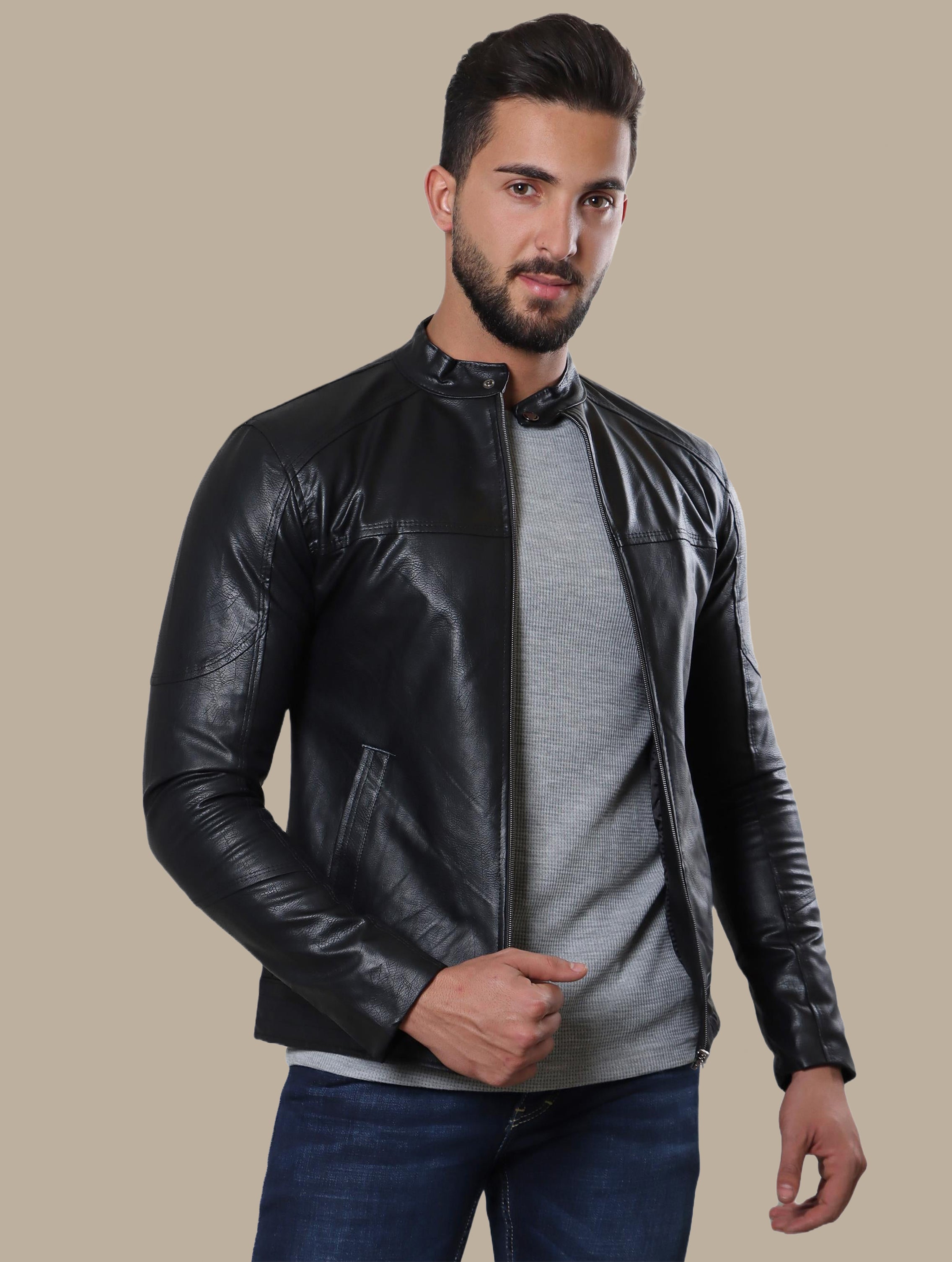 Jacket Faux Leather Basic Col Mao | Black