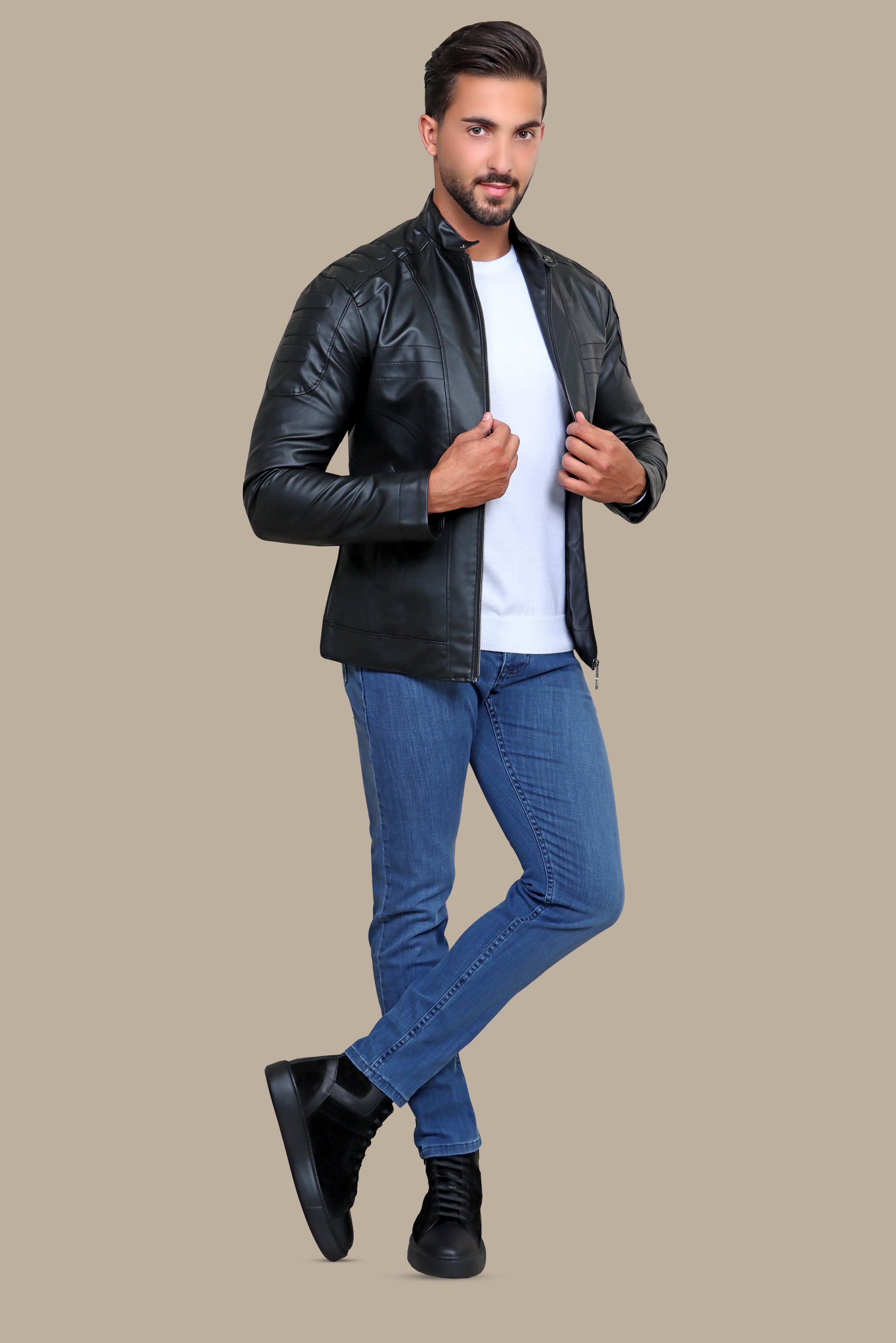 Sleek Sophistication: Black Faux Leather Biker Jacket with Mao Collar