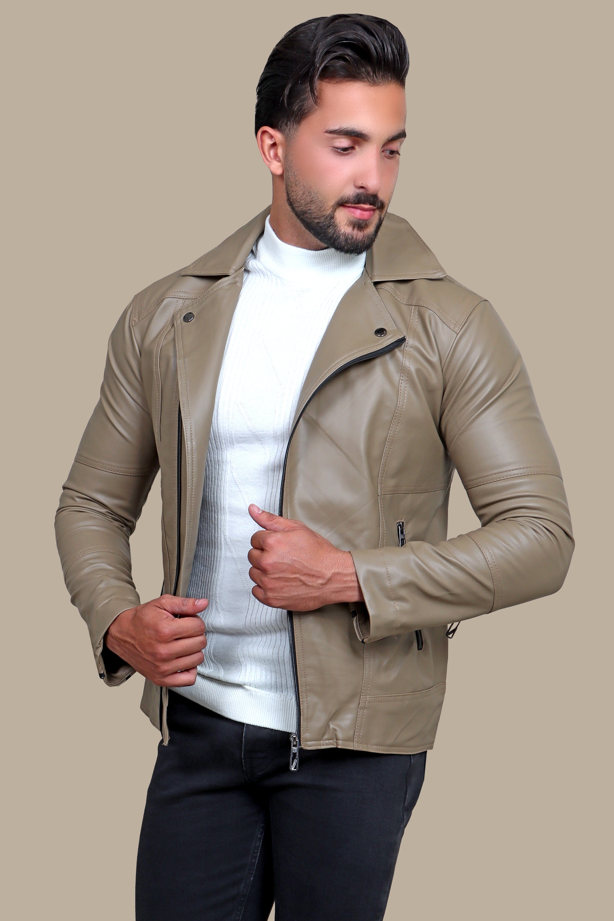 Chic Beige Faux Leather Biker Jacket with Wide Collar