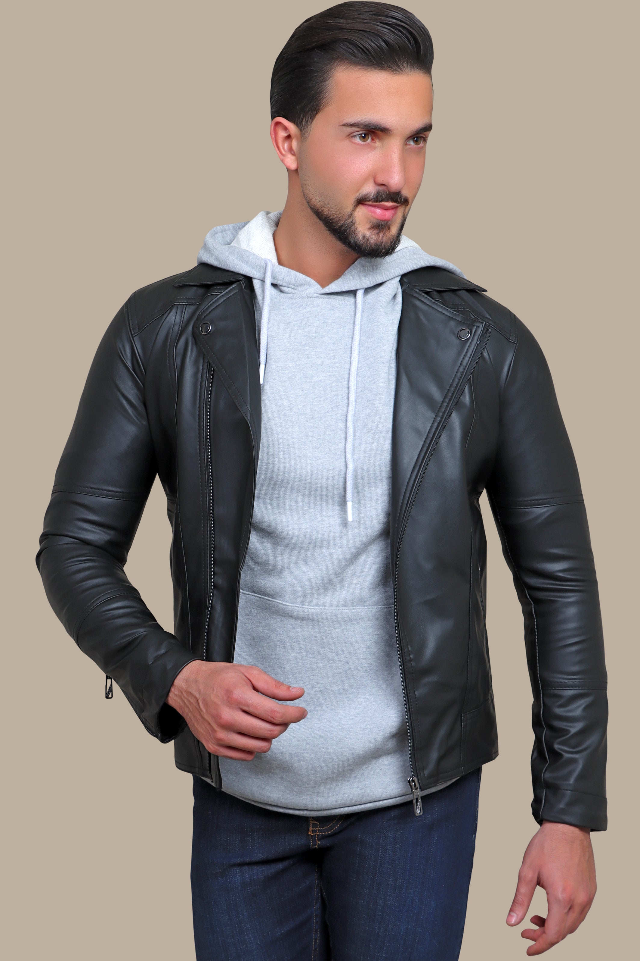 Black Rebel: Faux Leather Biker Jacket with Wide Collar