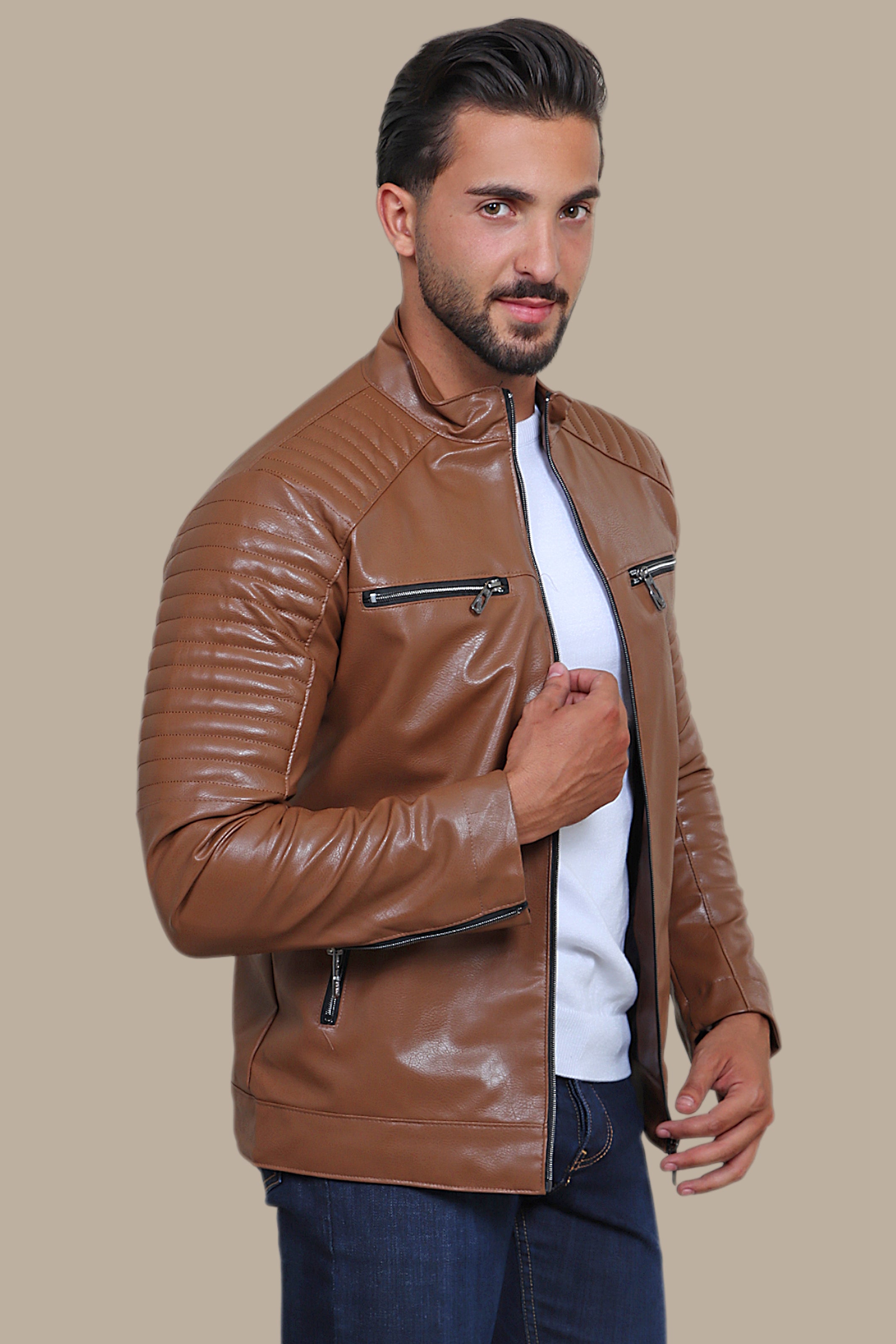 Havane Hues: Faux Leather Biker Jacket with Four Zippers