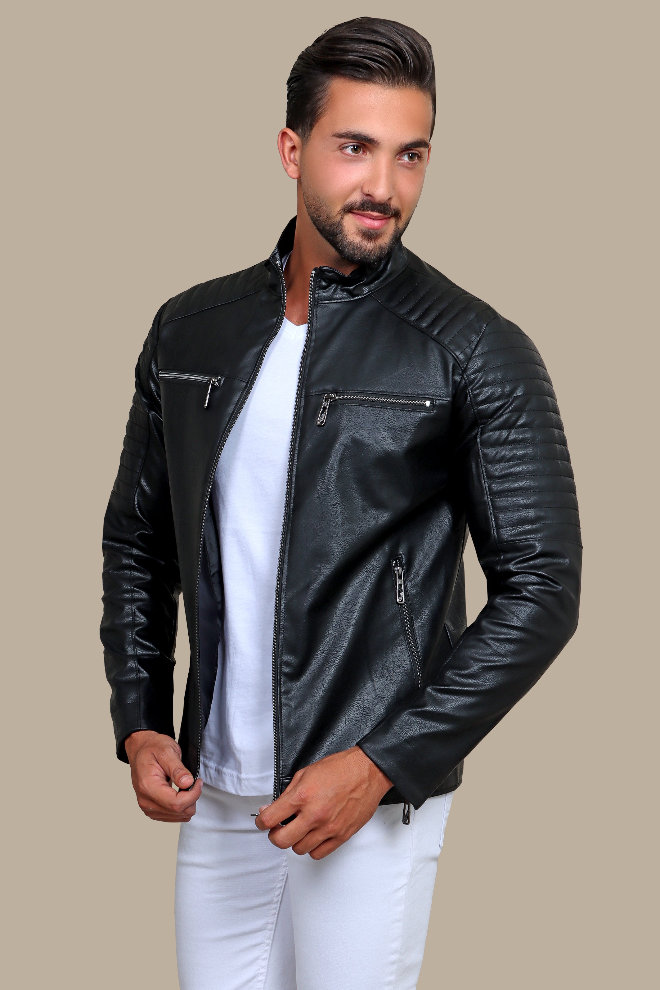 Rugged Elegance: Black Faux Leather Biker Jacket with Four Zippers