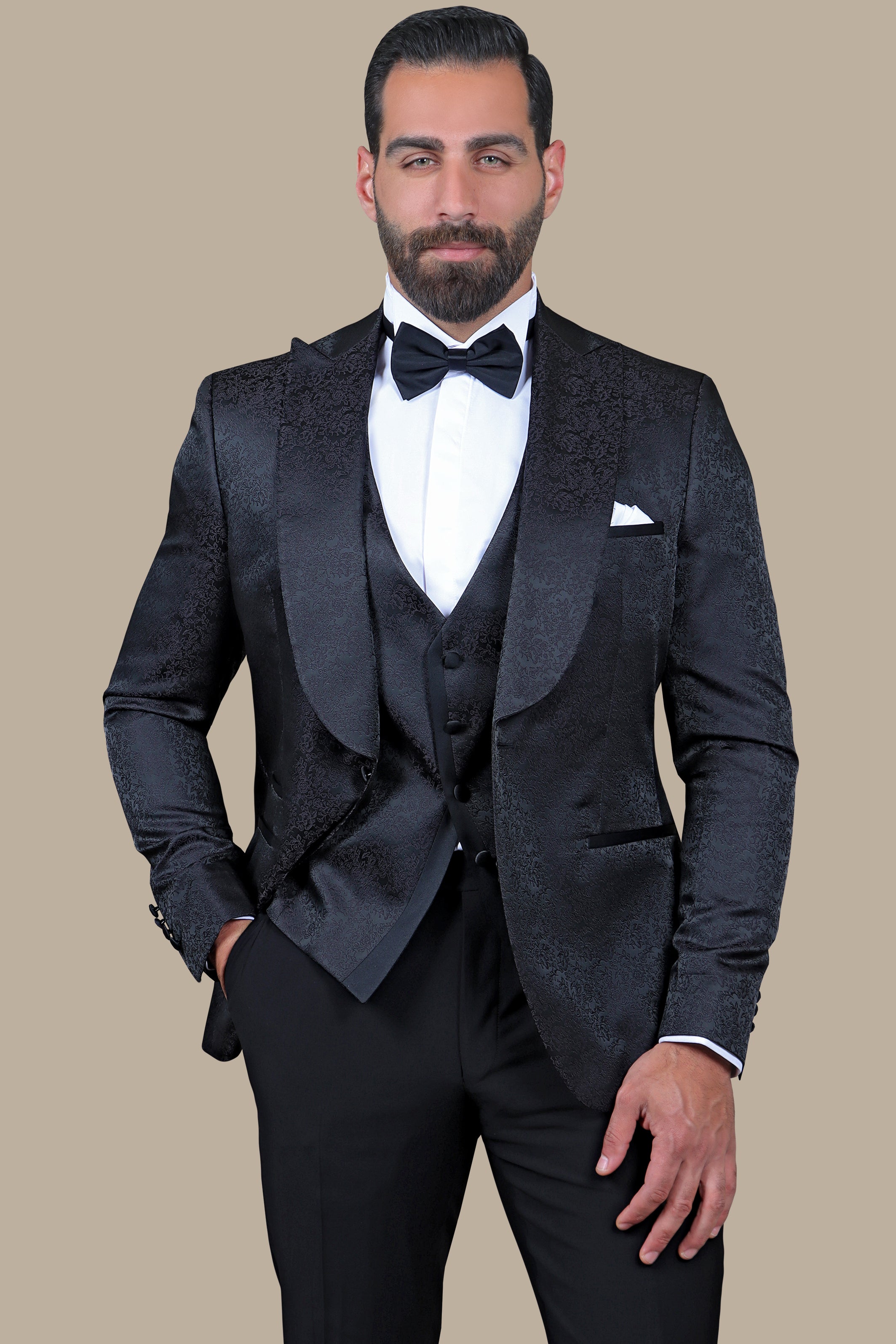 Floral Noir: FV Special Collection Tuxedo Suit in Black