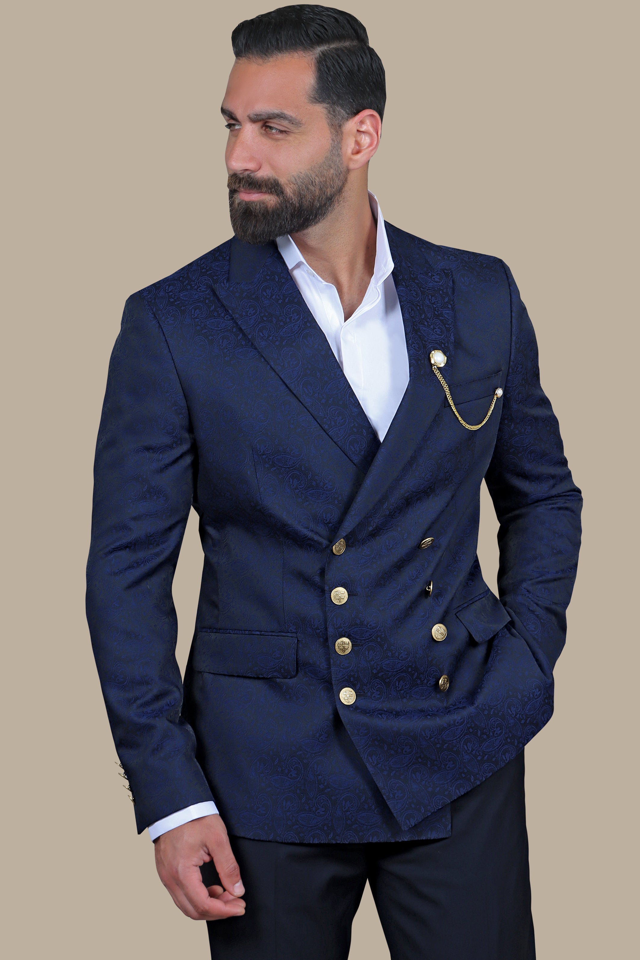 Navy Paisley Printed Blazer with Gold Buttons