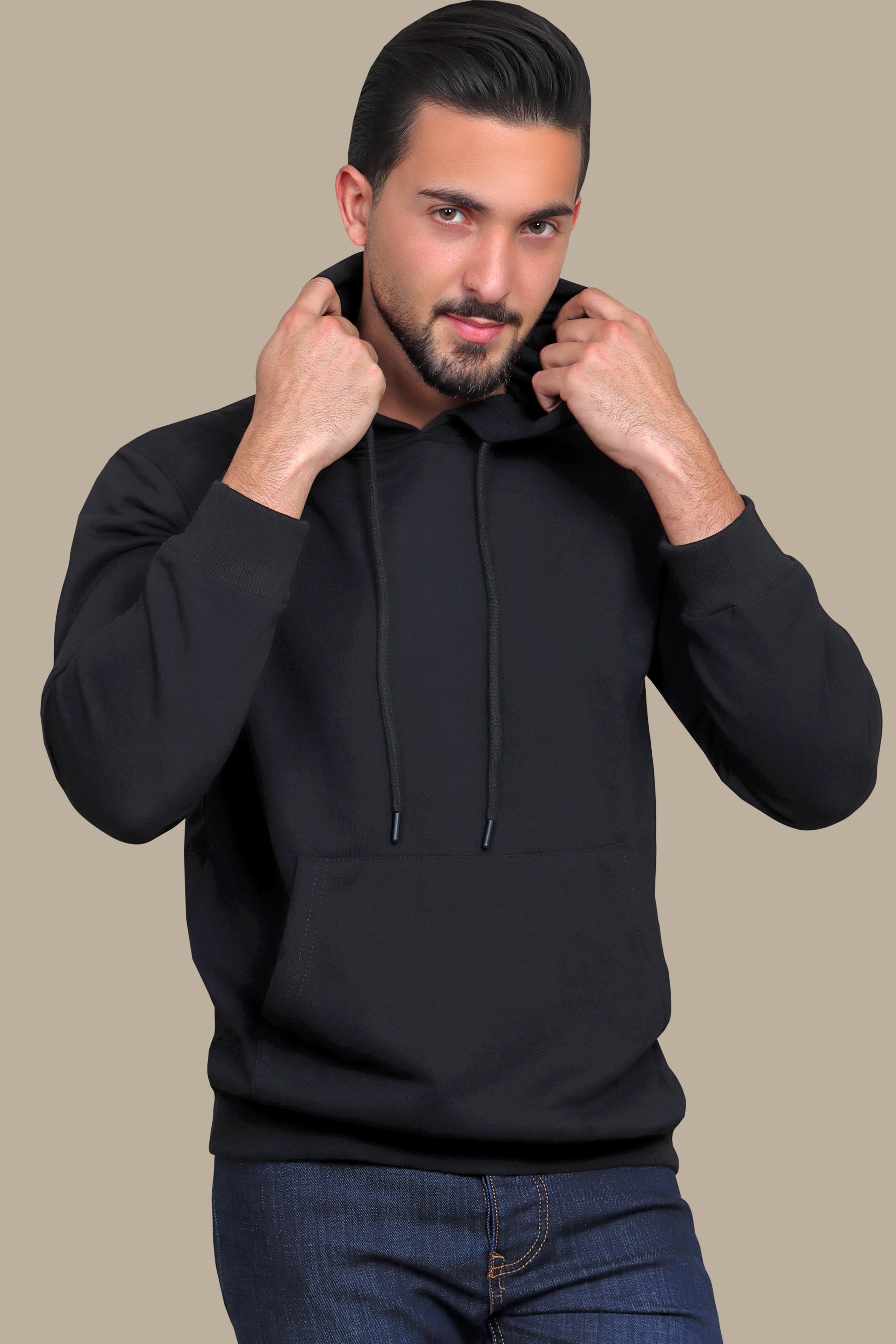 Onyx Comfort: Black Hooded Sweatshirt with Pockets