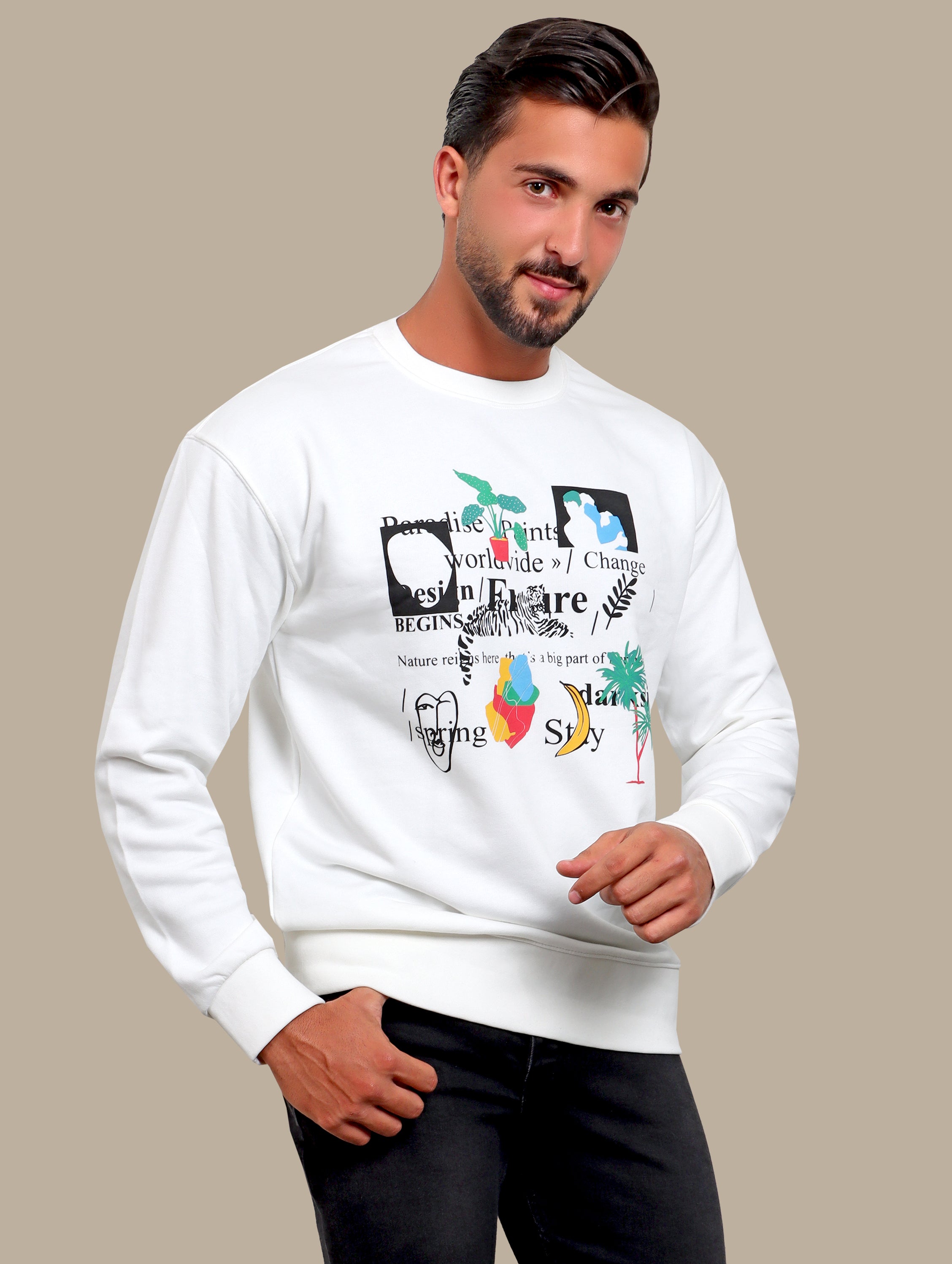 Frosty Whispers: White-Hued Elegance in Sweatshirt Typography