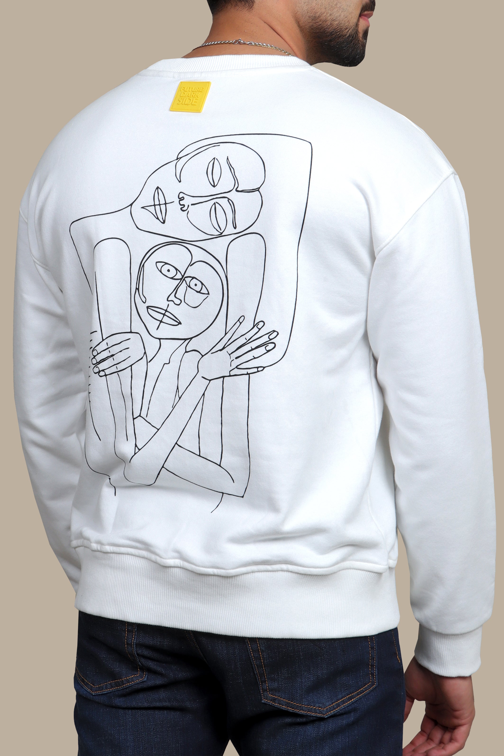 Whimsical Canvas: White Sweatshirt with Back Printed Faces