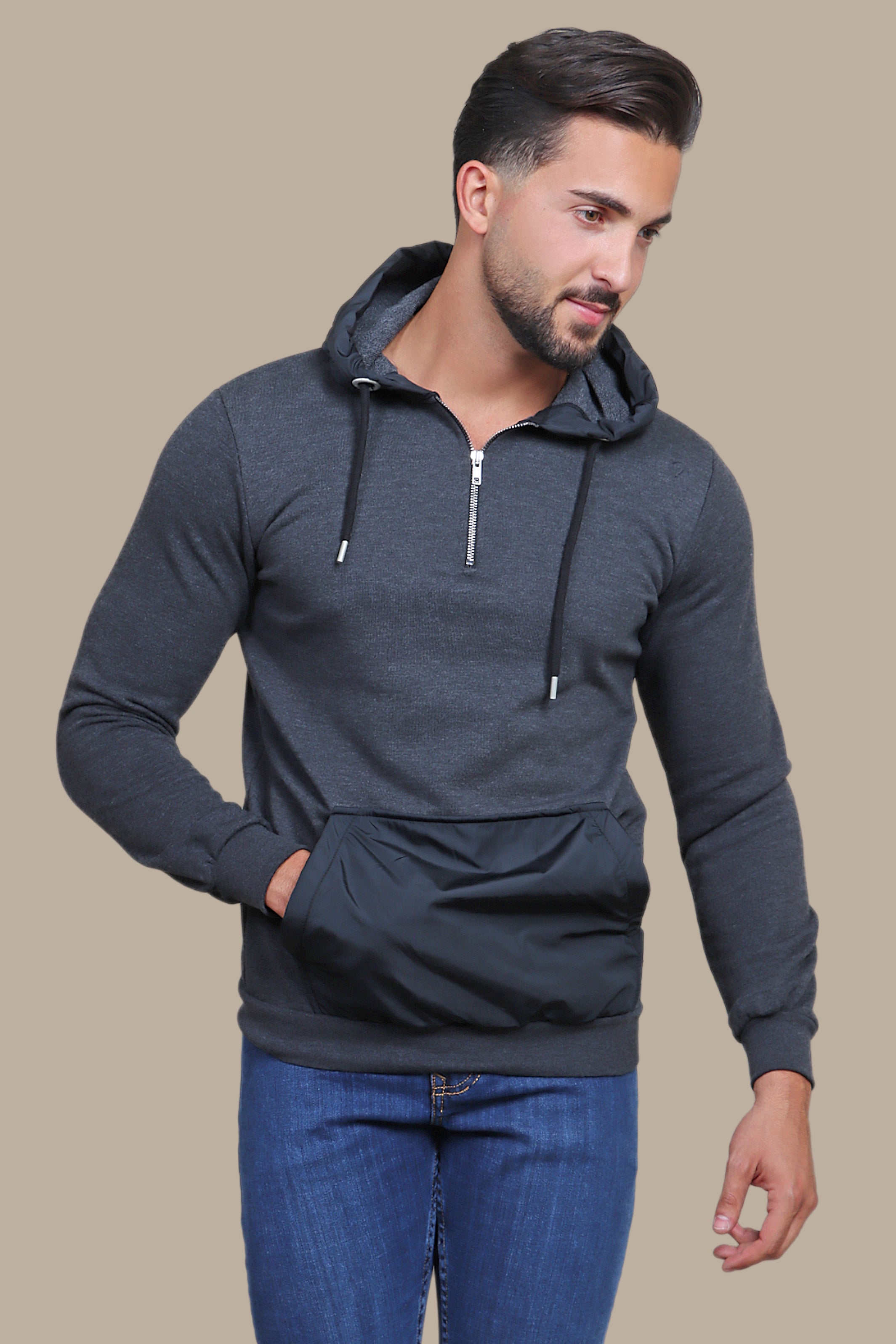 Sensual Shadows: The Dark Gray Hooded Sensation in Luxe Mix Fabric