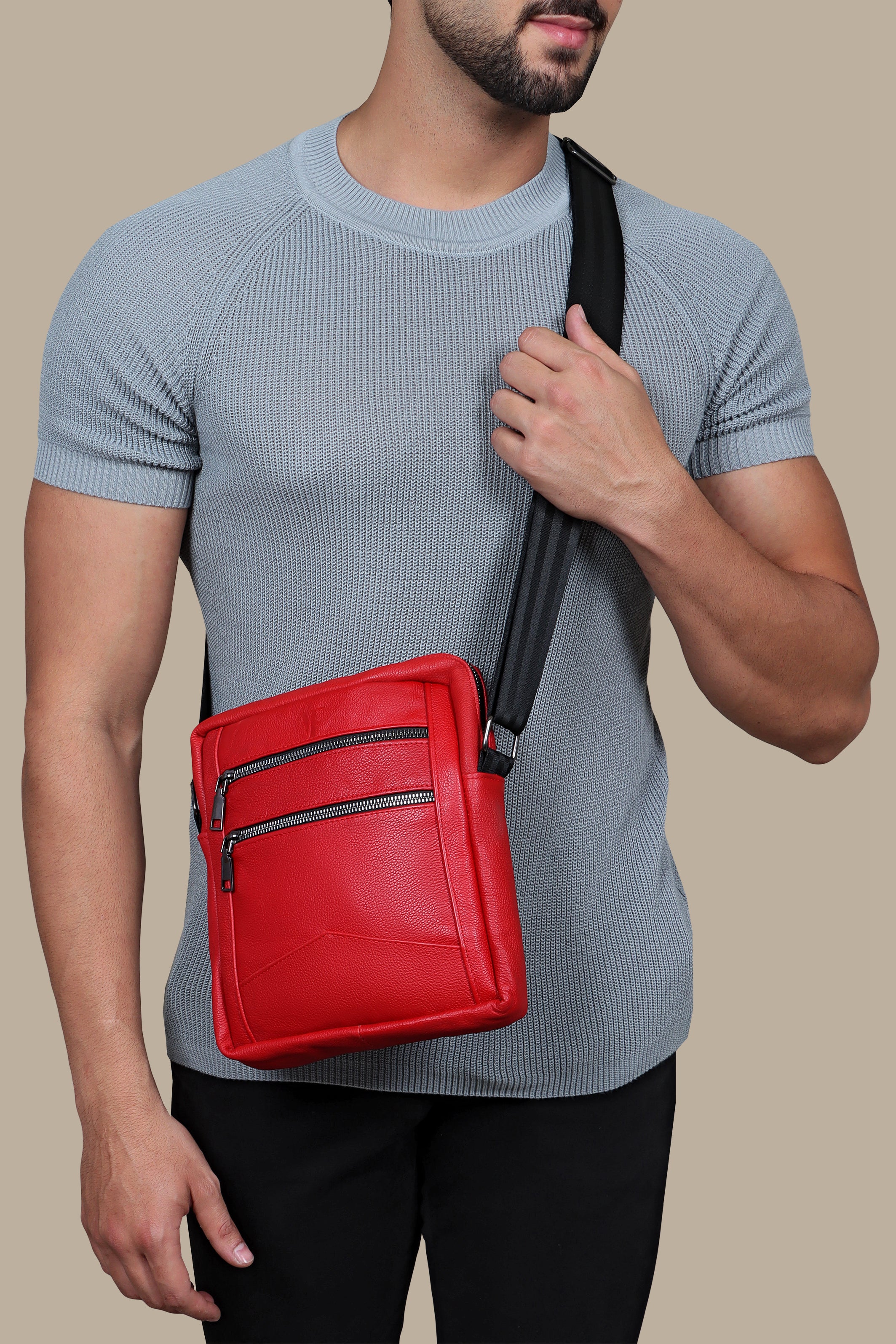 Red Elegance: Stylish Cross Bag with Back Zippers and Belt Accent