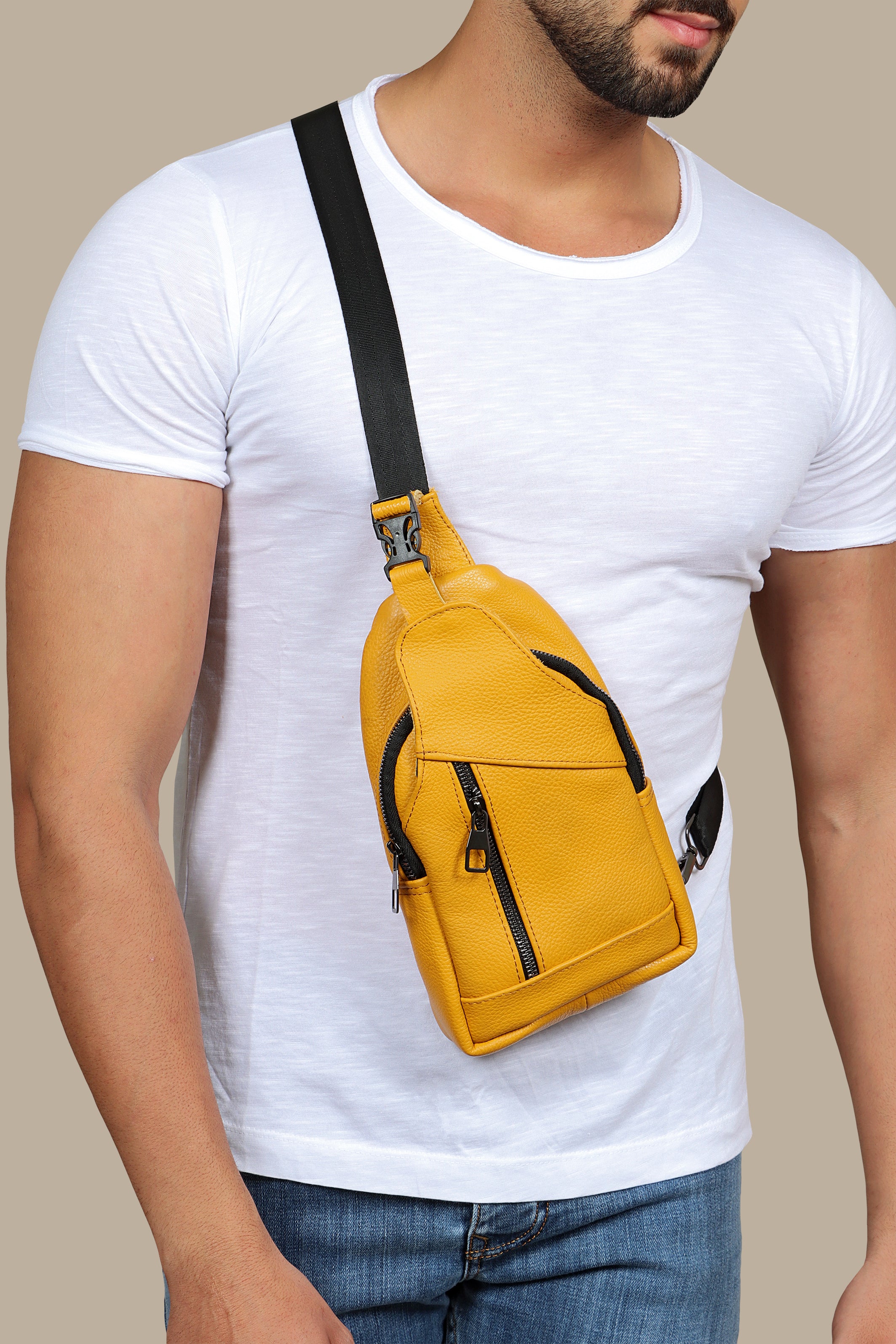 Chic Yellow Leather Crossbody Bag with Curved Sides