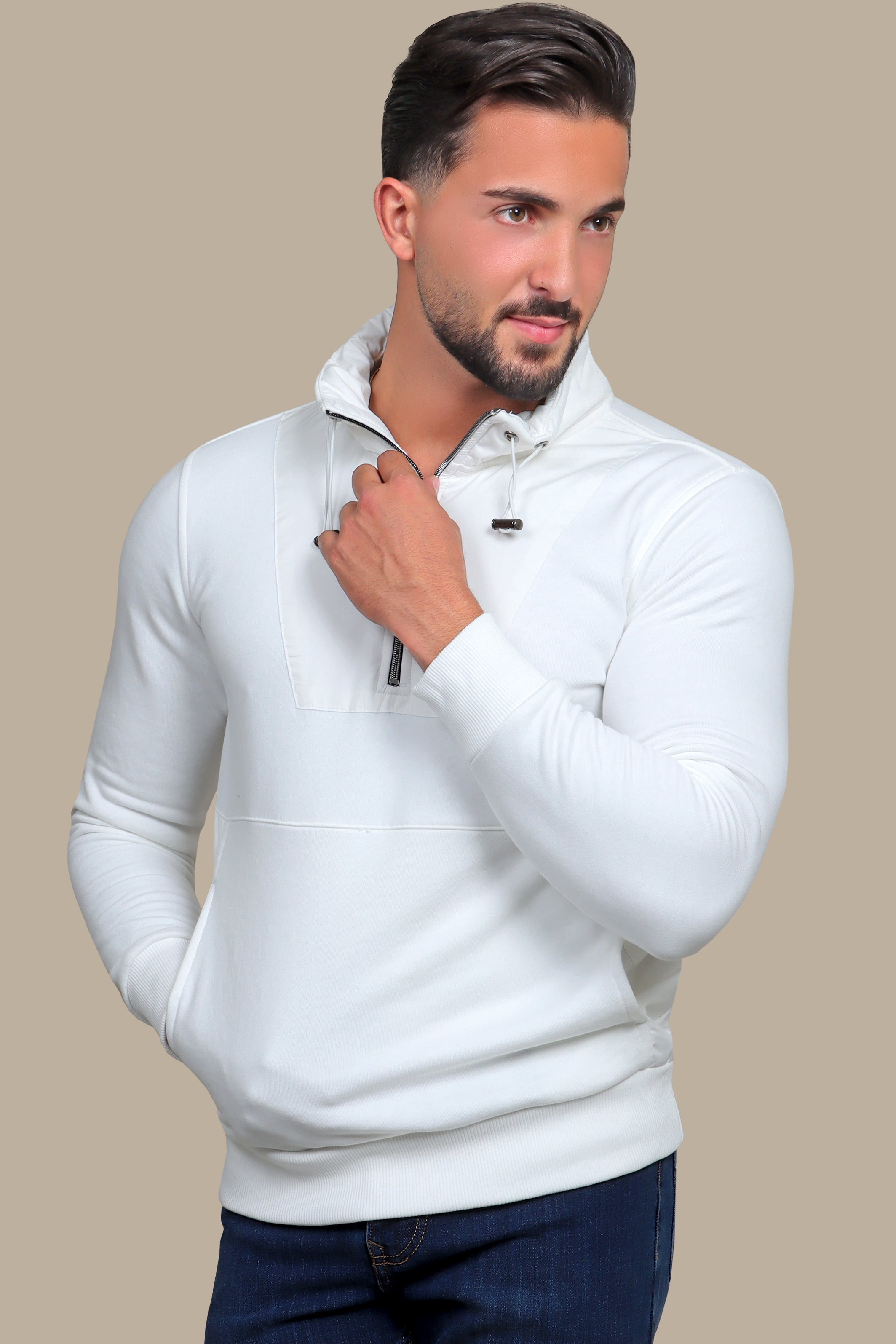 Whimsical Wonder: The Eccentric Half-Zipper Sweatshirt in Multifarious White Hues