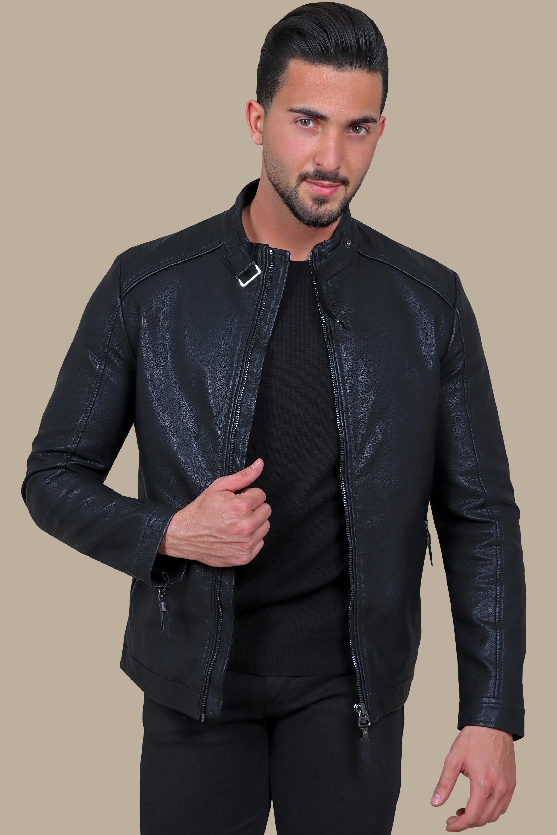 Jacket Faux Leather Col Mao with Buckle | Black