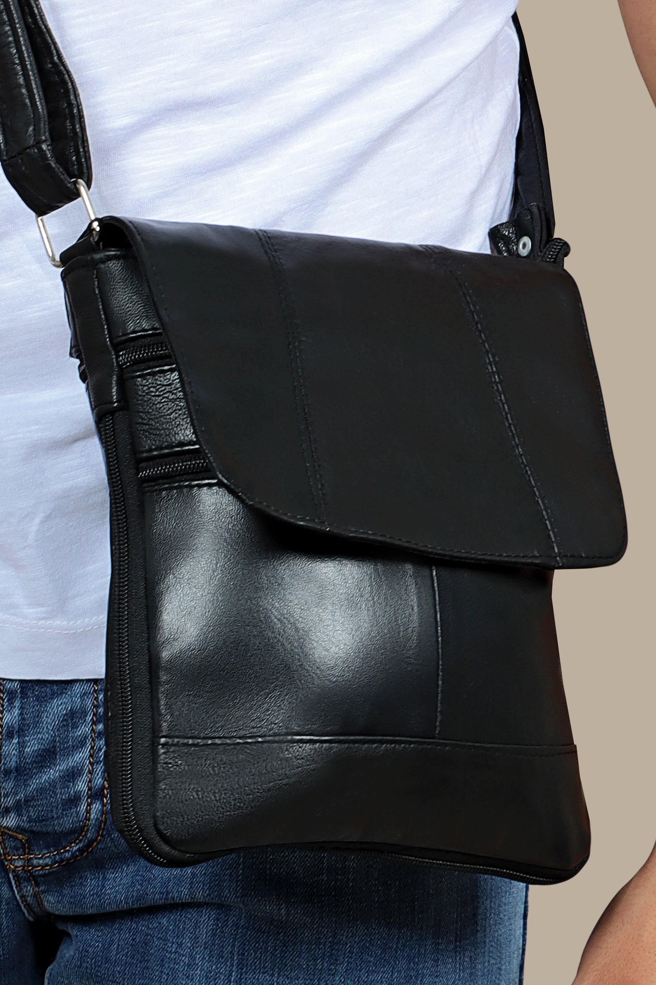 Noir Stitched Elegance: Black Leather Crossbody with Flap Pockets