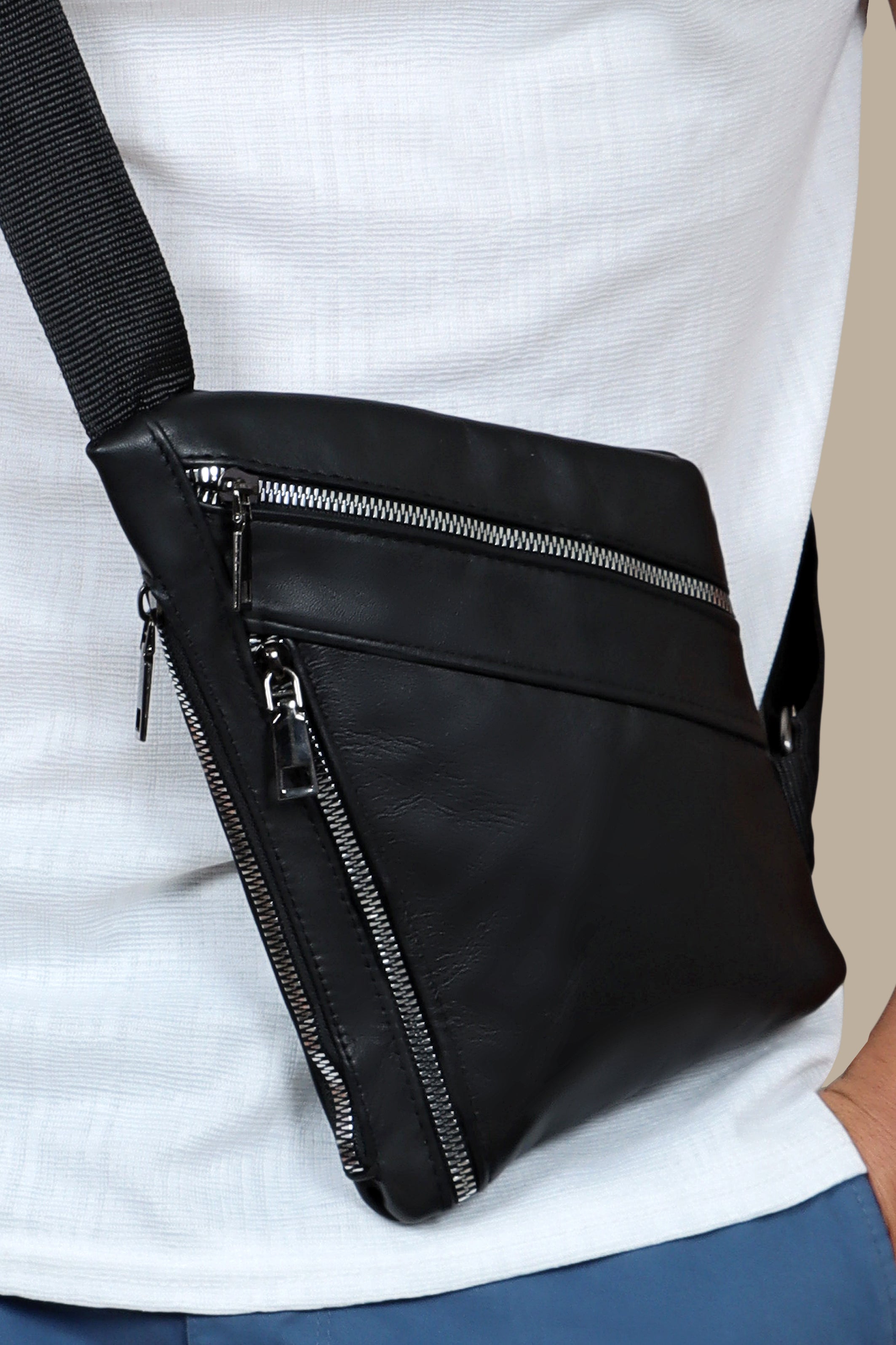 Obsidian Elegance: Black Leather Curved Crossbody with Quad Zippers