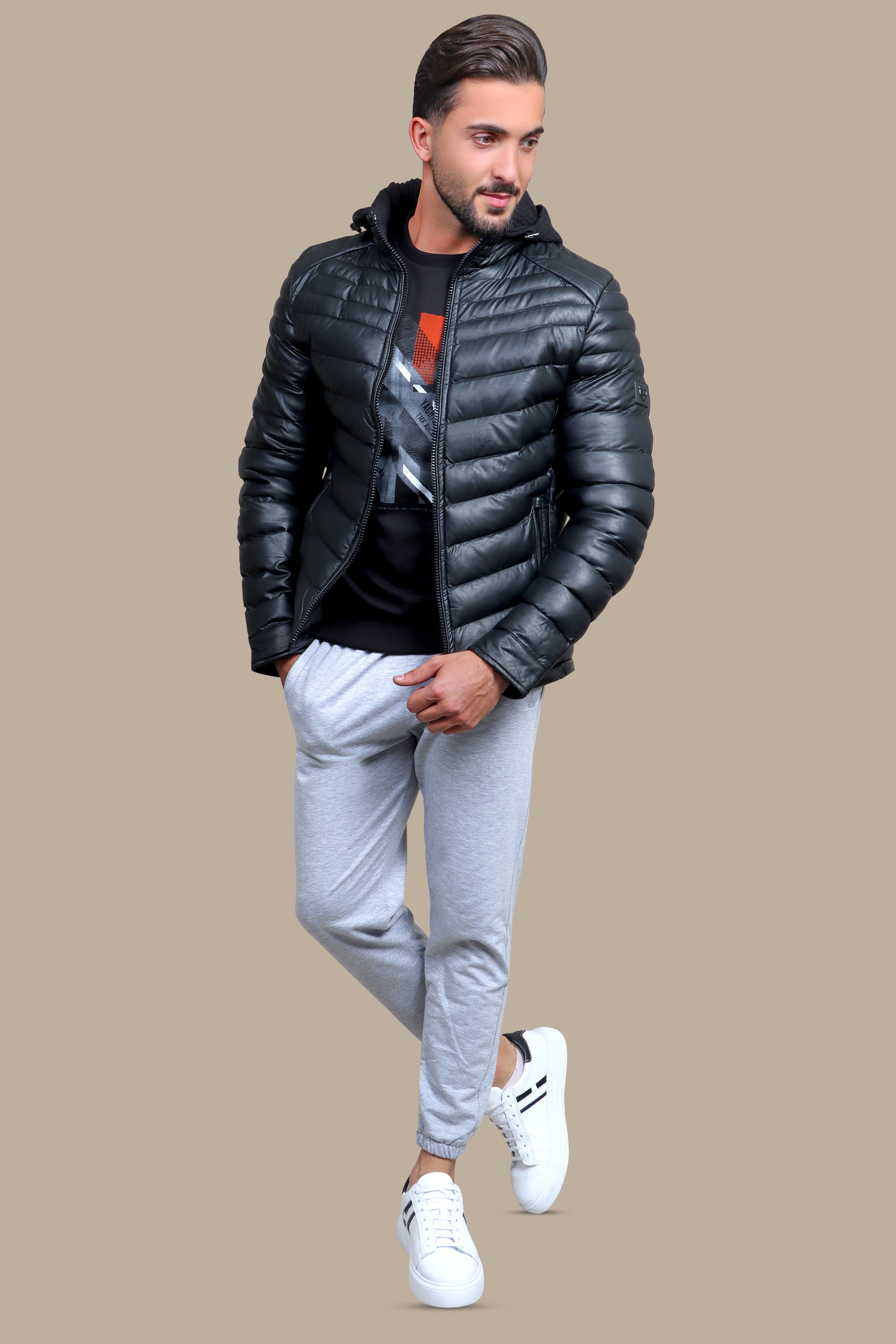 Midnight Elegance: Black Leather Puffer Jacket with Hoodie
