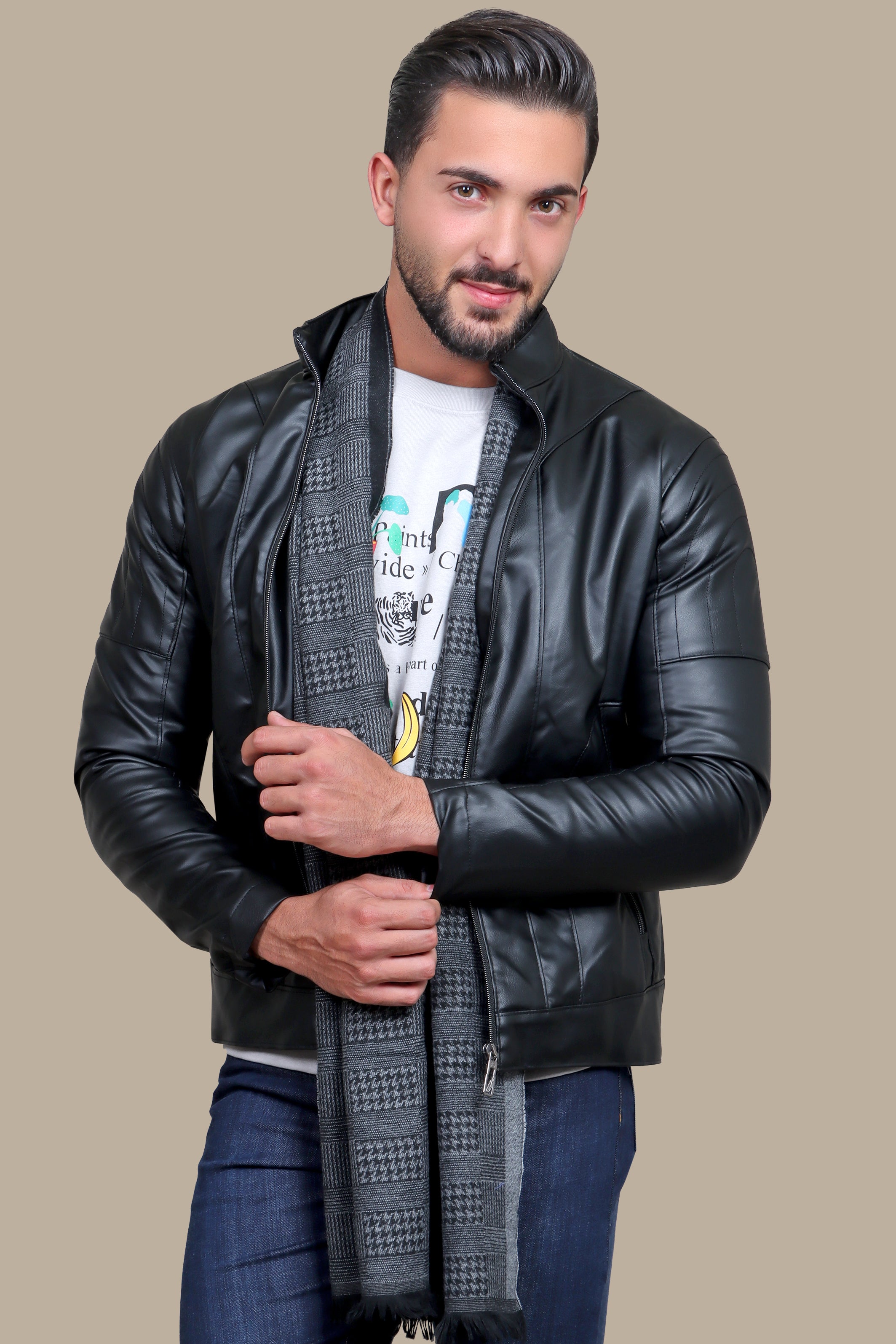 Black Faux Leather Mao Jacket with Dual Zipper Accents