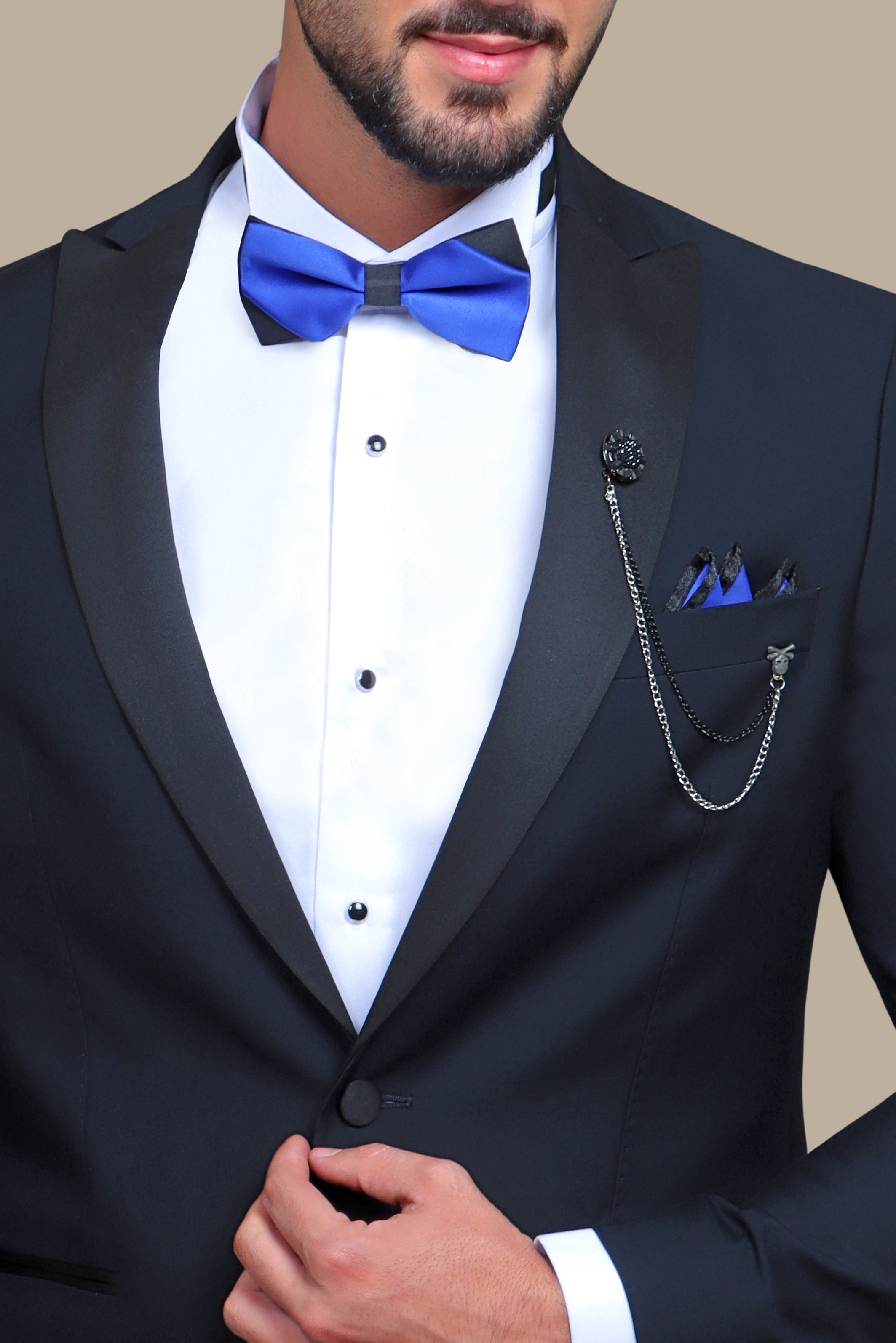 Navy Elegance: Peak Lapel Tuxedo in Black Satin for a Distinguished Look