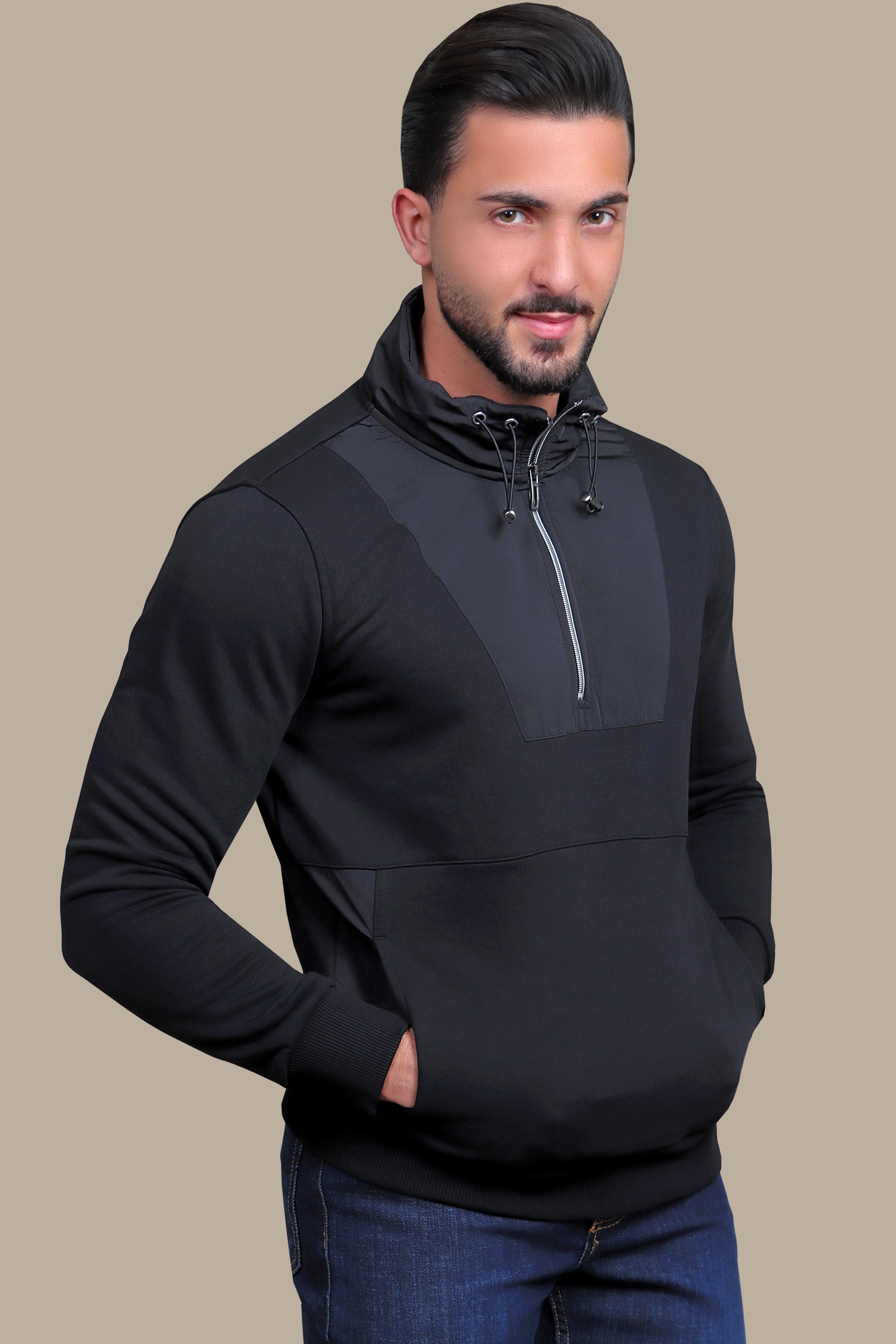 Urban Fusion: Black Half-Zip Sweatshirt with Mixed Fabric