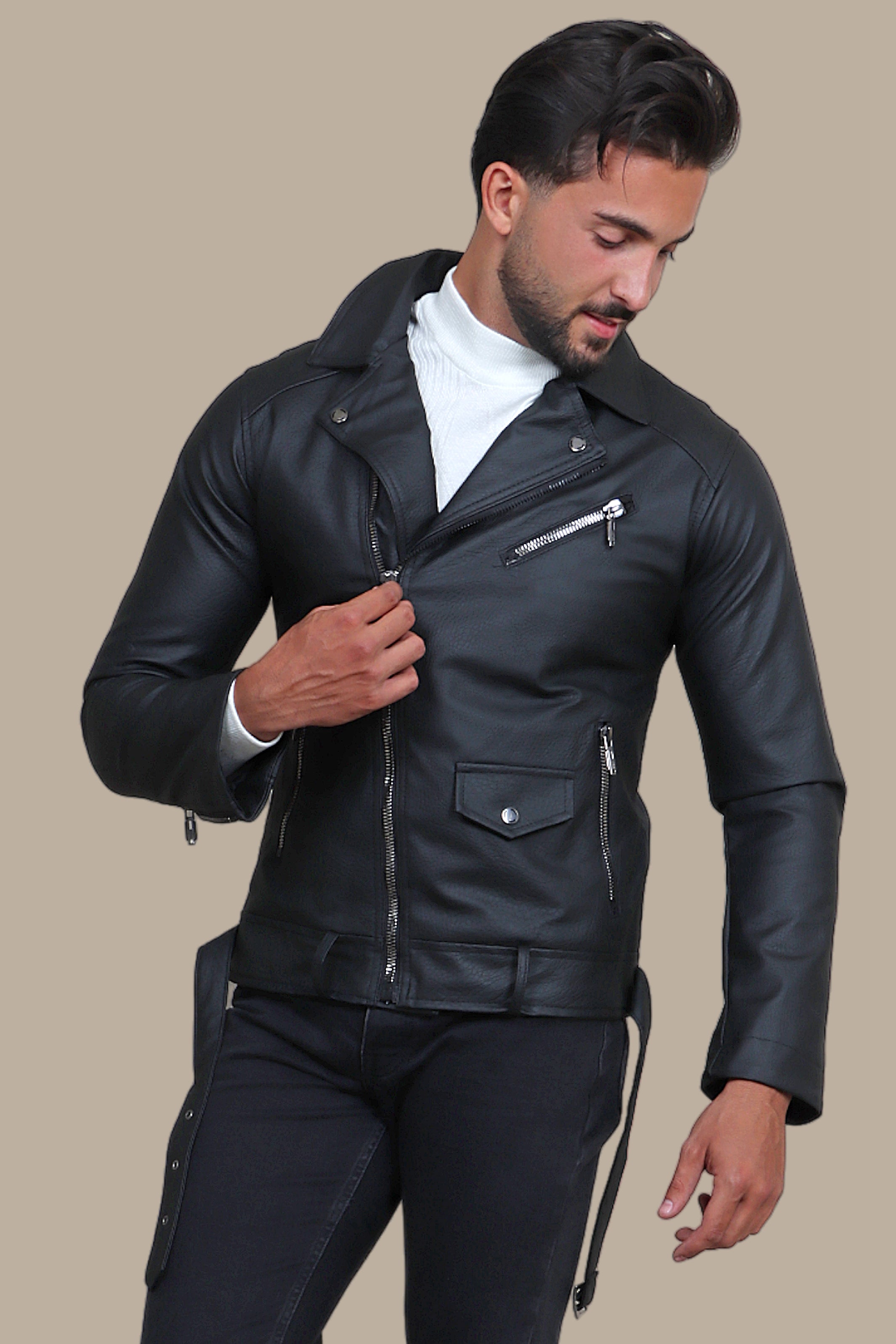 Sleek and Stylish: Faux Leather Biker Jacket with Wide Collar in Structured Black