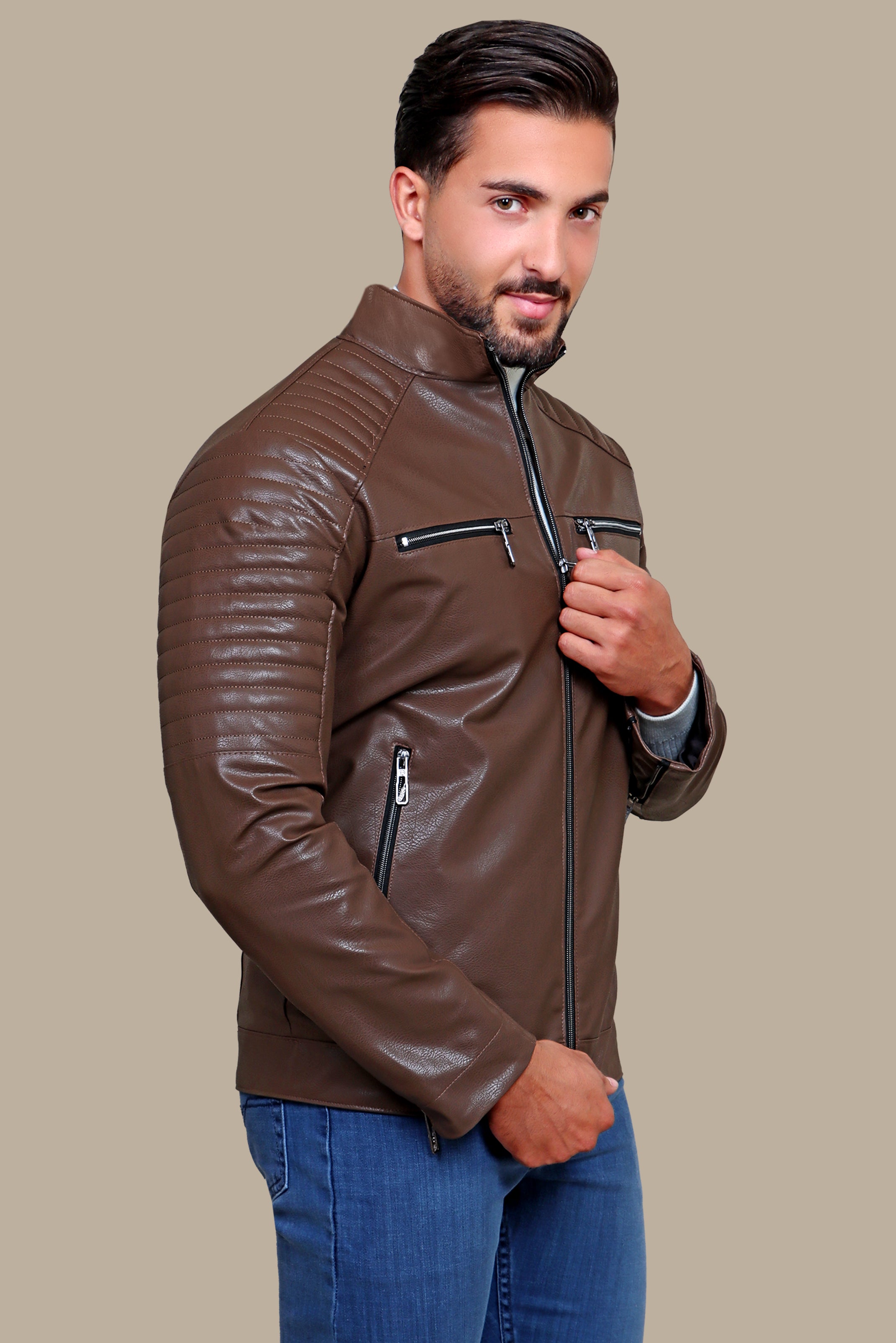 Rugged Elegance: Brown Faux Leather Biker Jacket with Four Zippers
