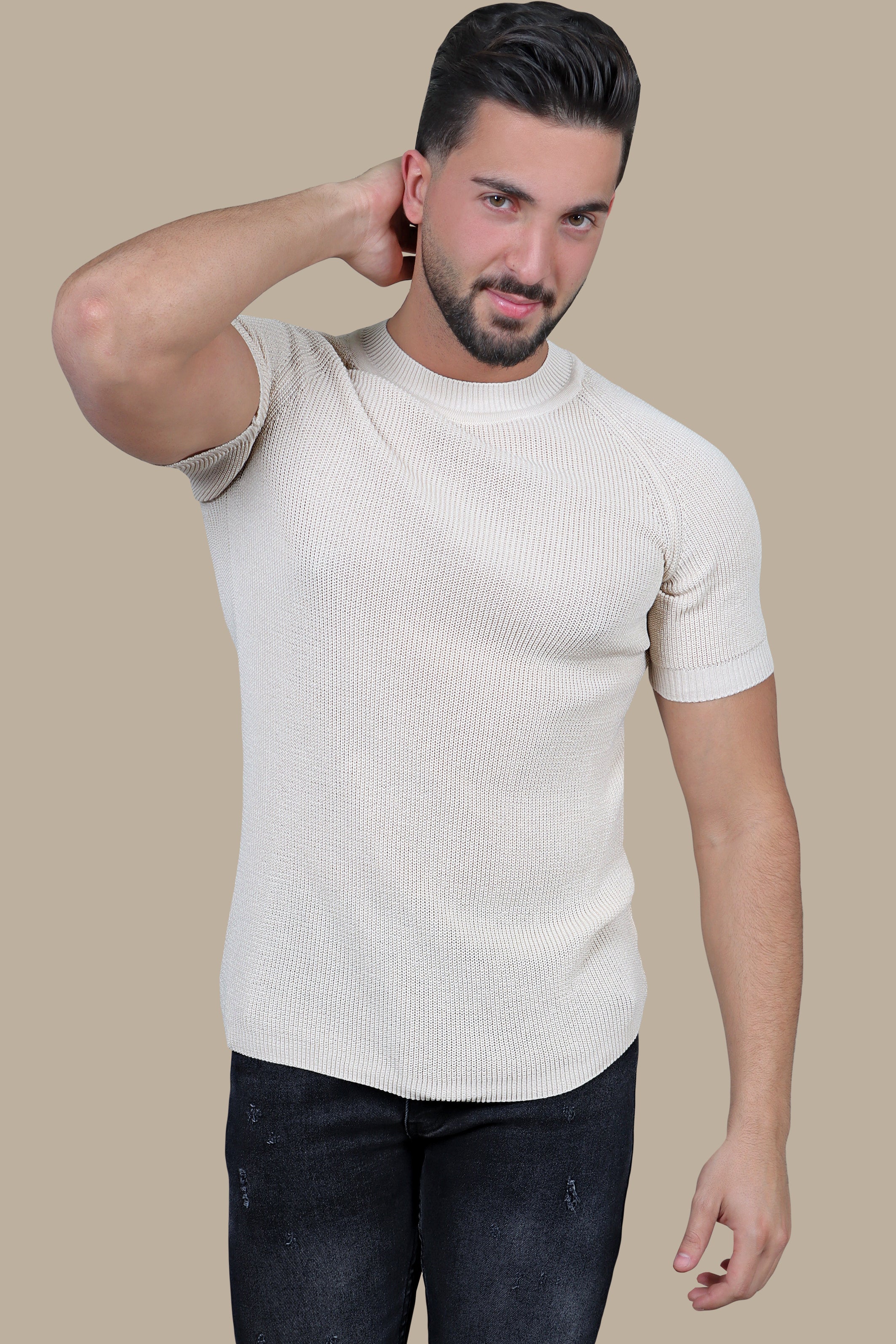 Beige Bliss: Knitted Round Neck T-Shirt
