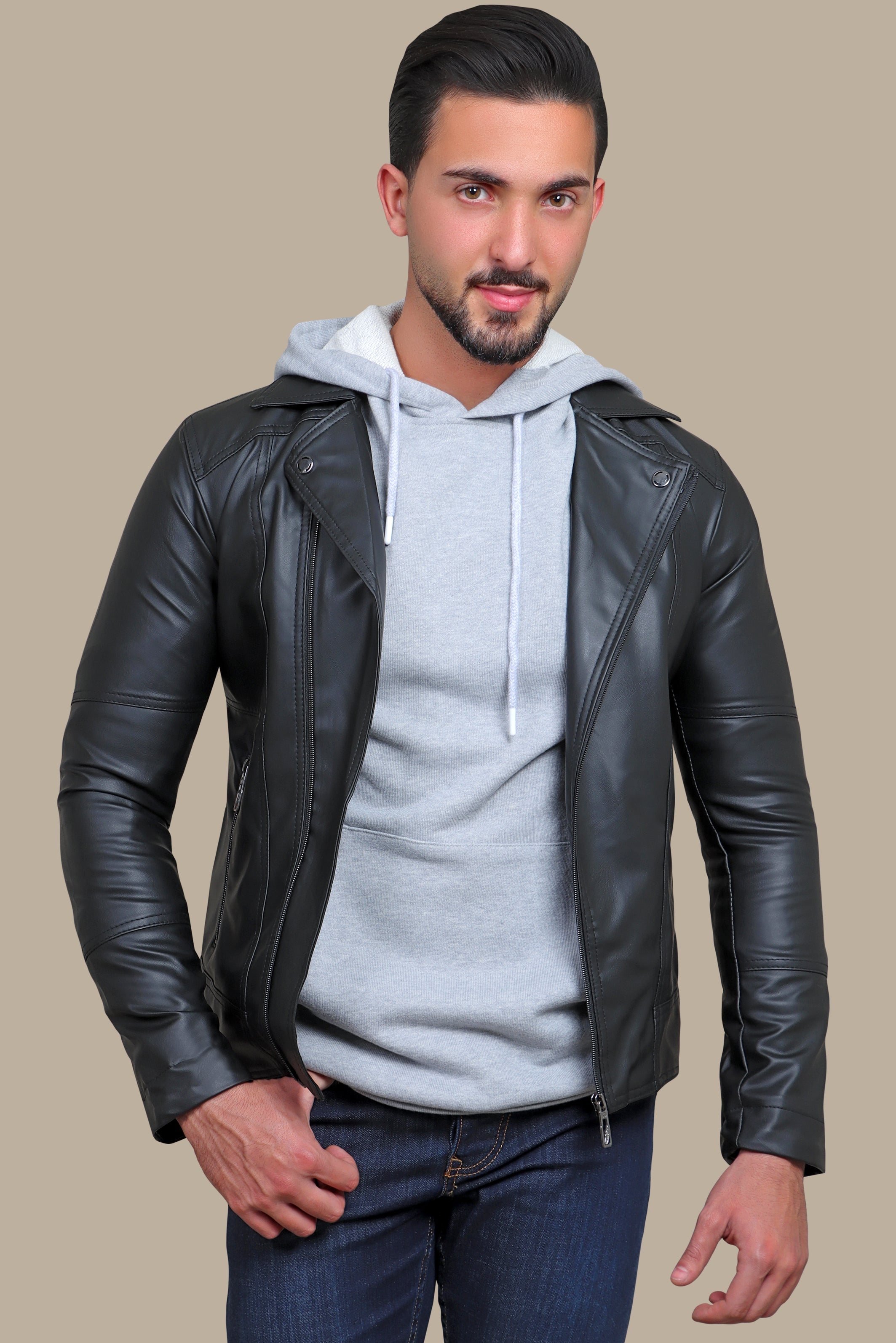 Black Rebel: Faux Leather Biker Jacket with Wide Collar