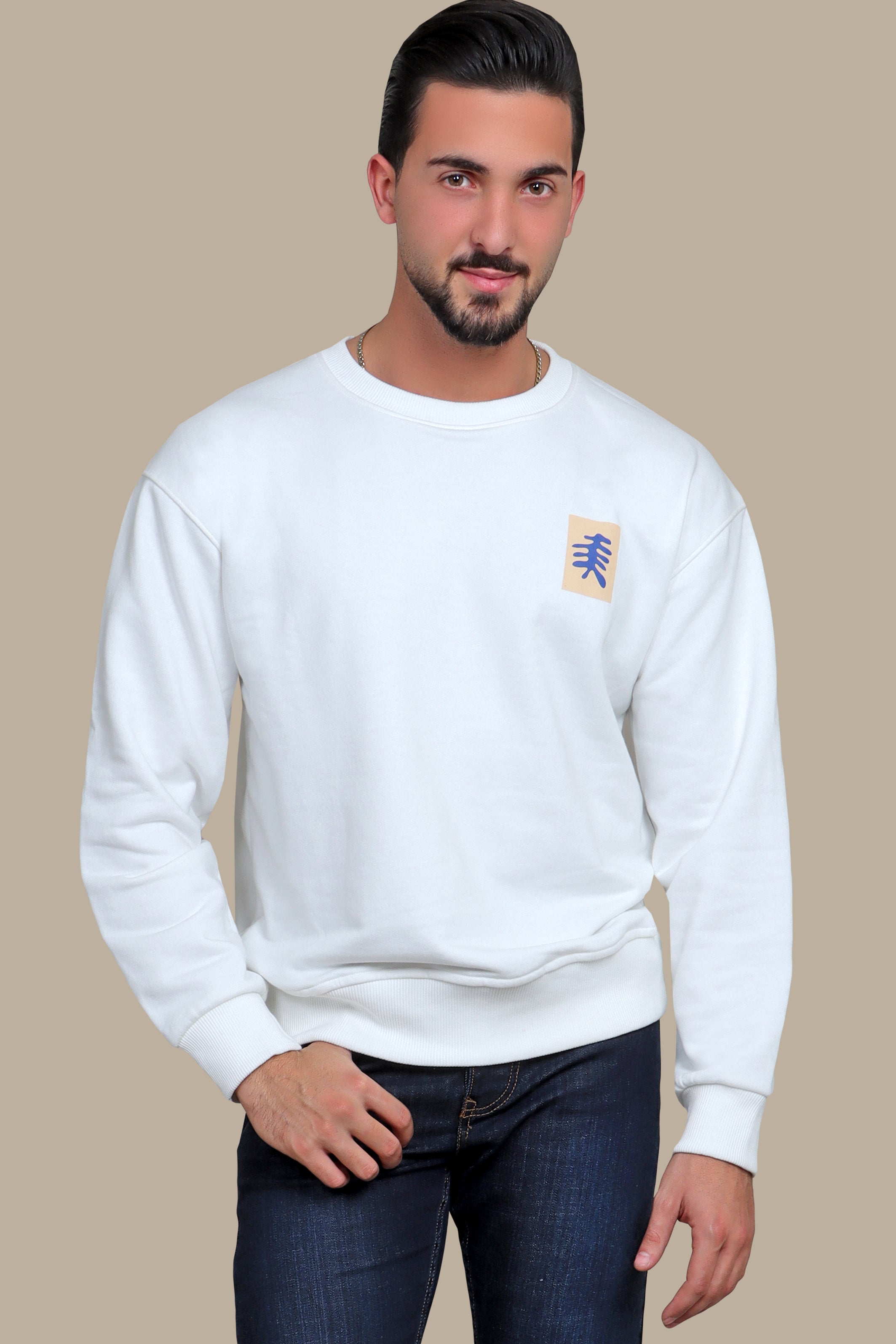Whimsical Canvas: White Sweatshirt with Back Printed Faces
