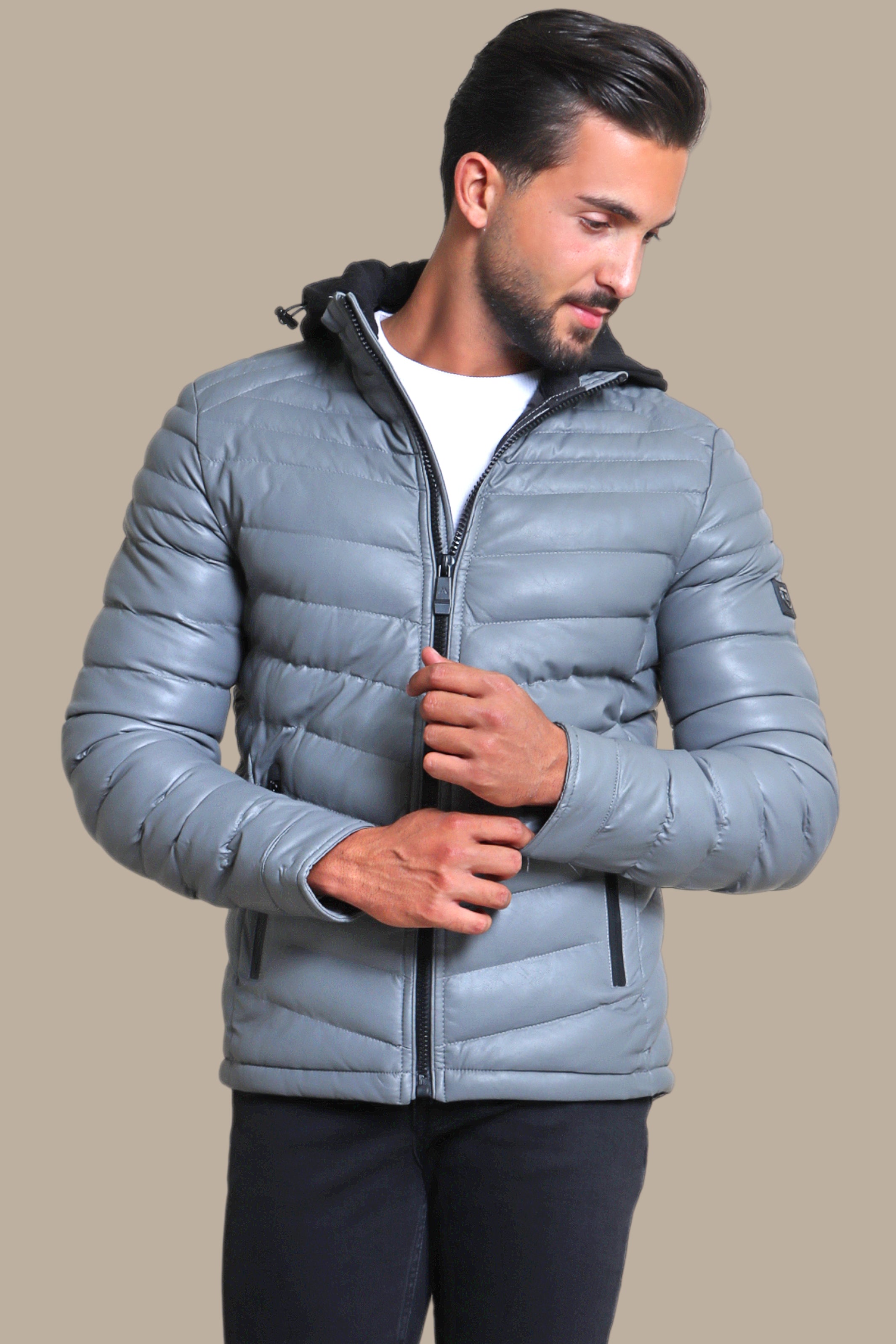Gray Elegance: Hooded Leather Puffer Jacket