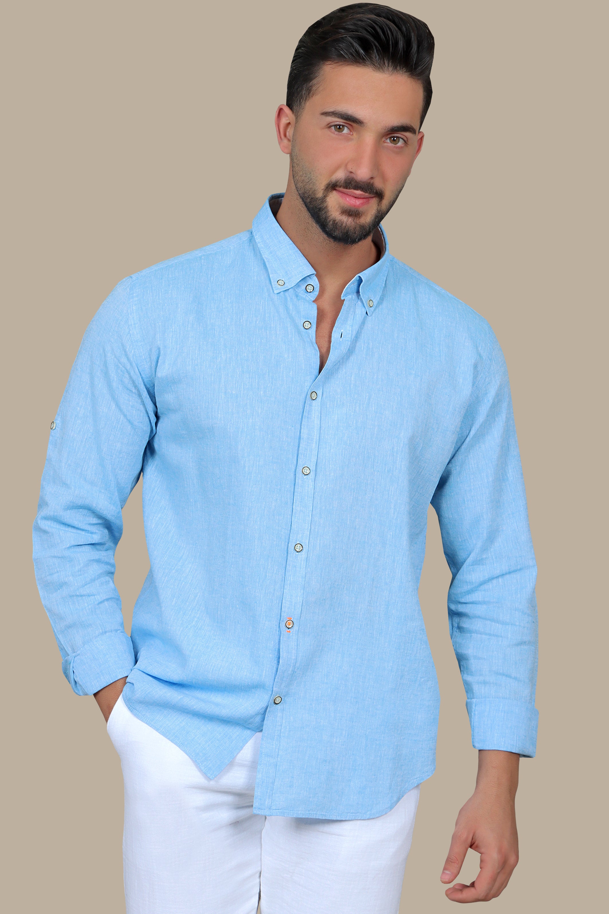 Shirt Linen Collar Printed Inside | Turquoise