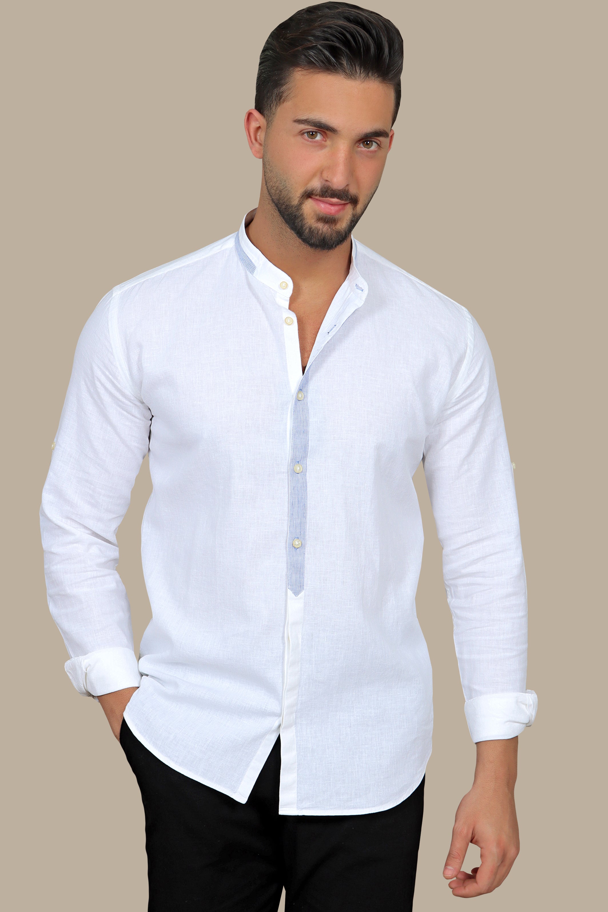 Skyline Chic: White Linen Col Mao Shirt with Blue Pip Detailing