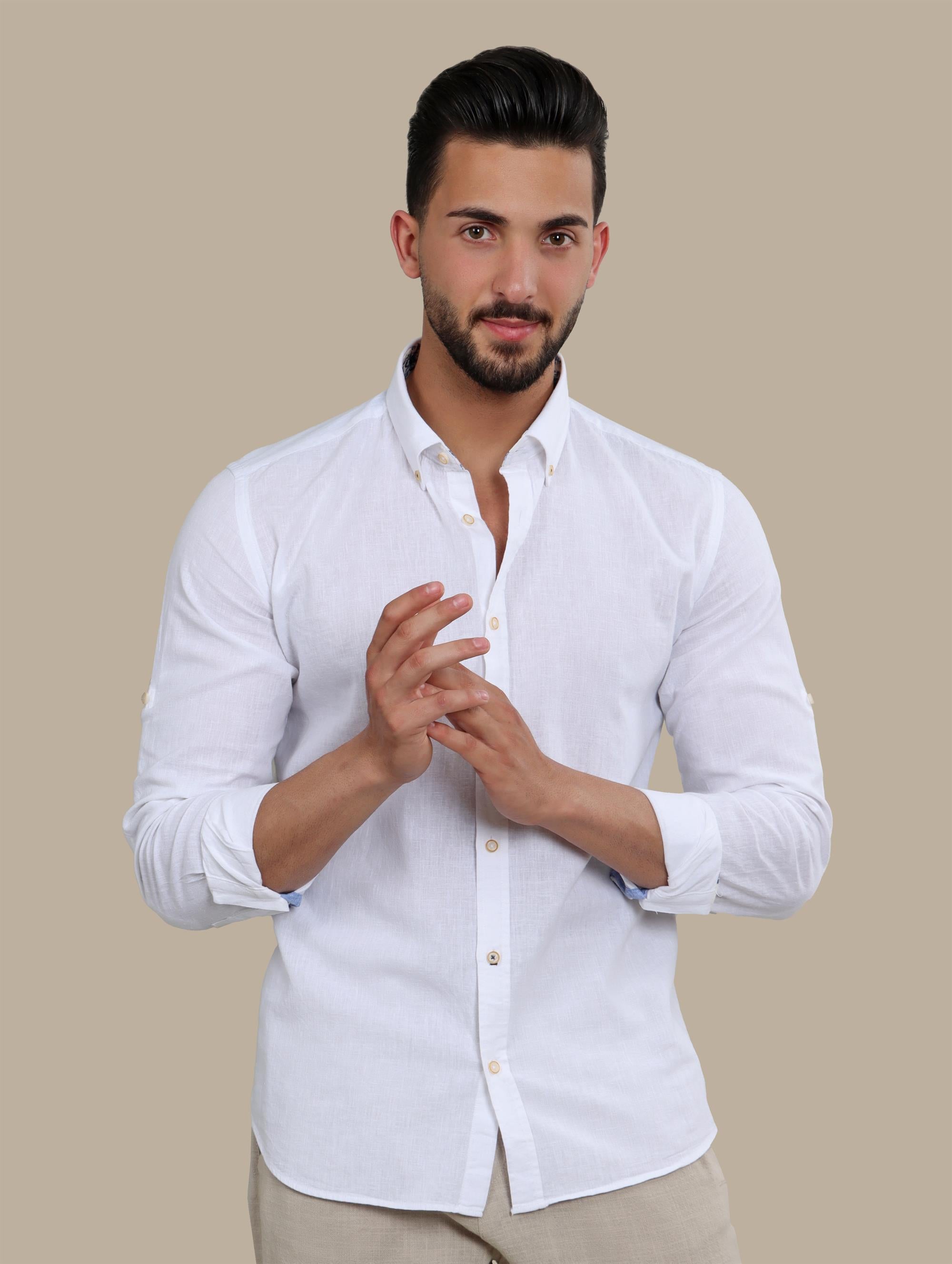 Shirt Linen Basic With Printed Collar | White