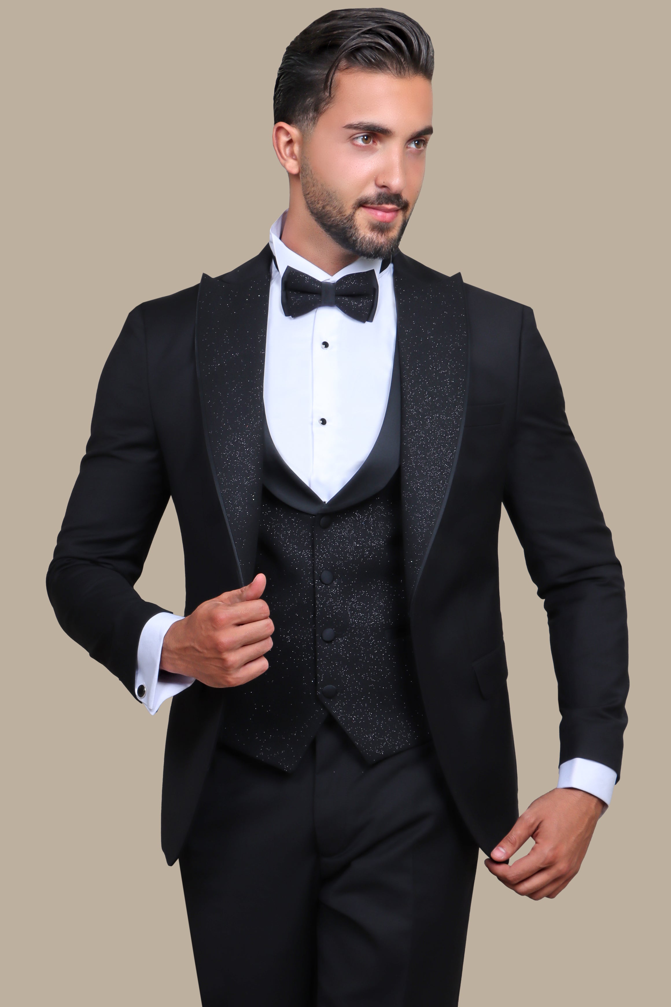 Black Glitter Tuxedo Set with Removable Collar: Effortless Elegance, Four Ways