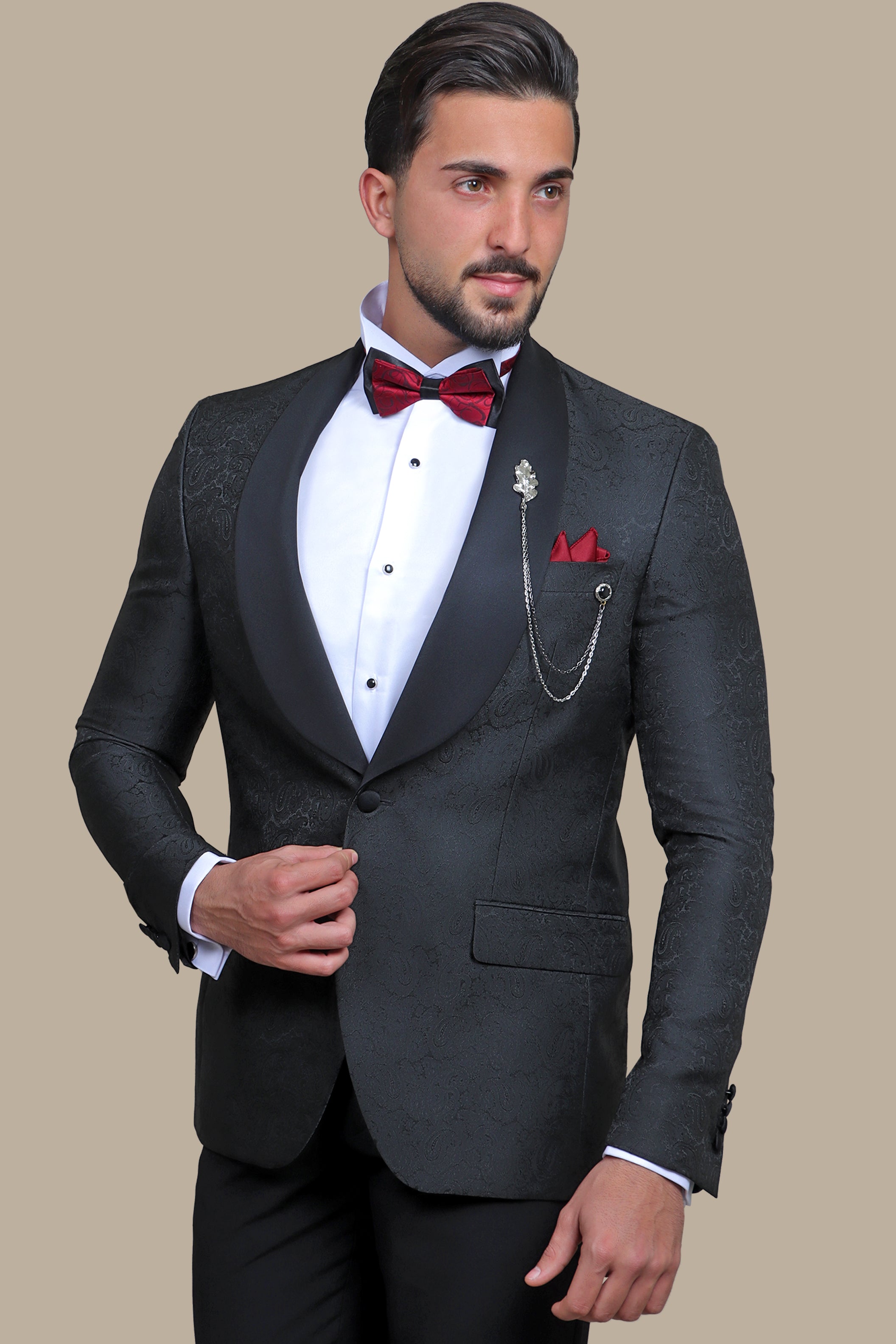 Midnight Paisley Elegance: Tuxedo FV with Wide Shawl Collar in Rich Black