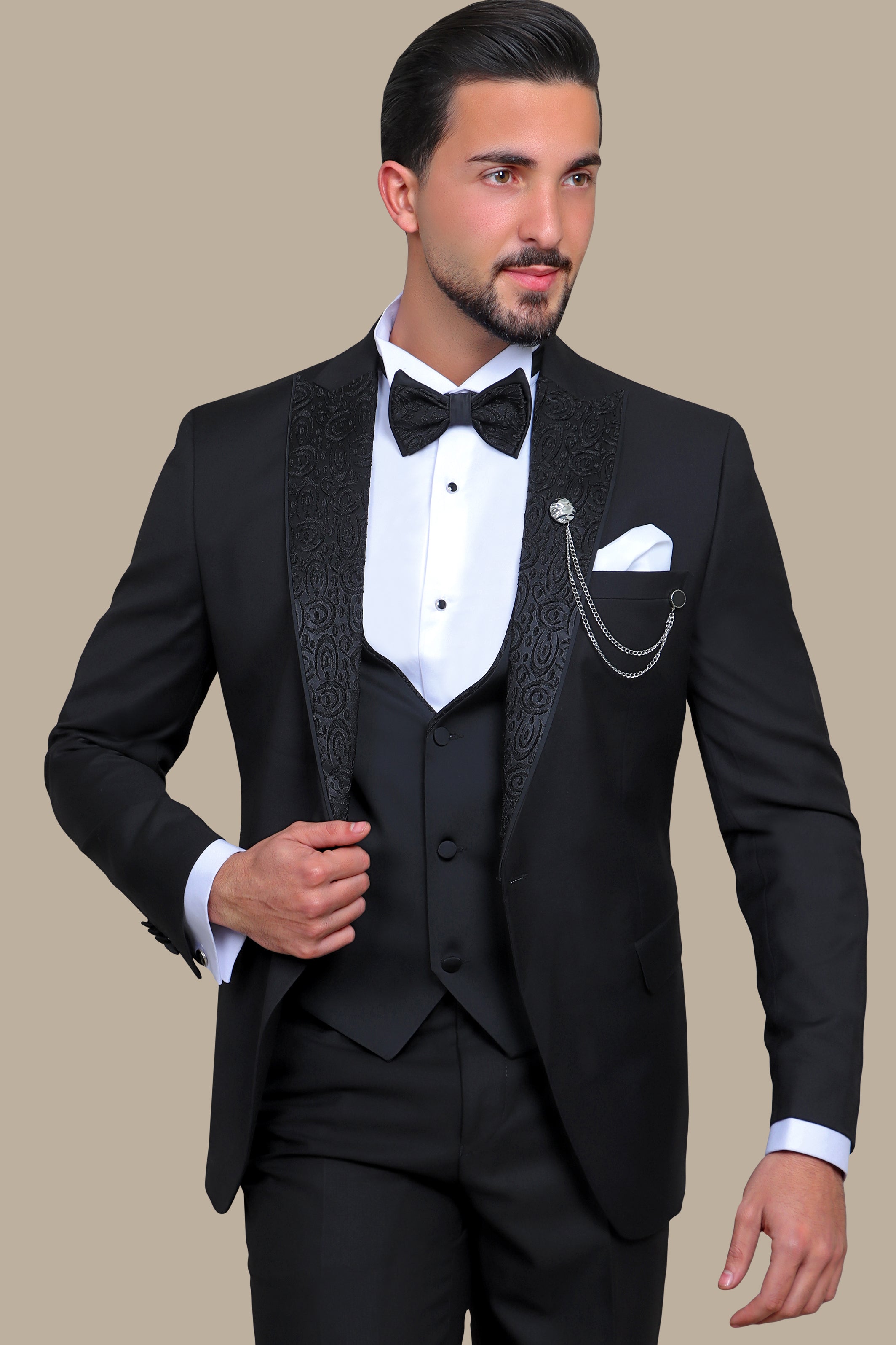 Imperial Noir Elegance: The Black Tuxedo Jacquard Collar 4-Piece Set
