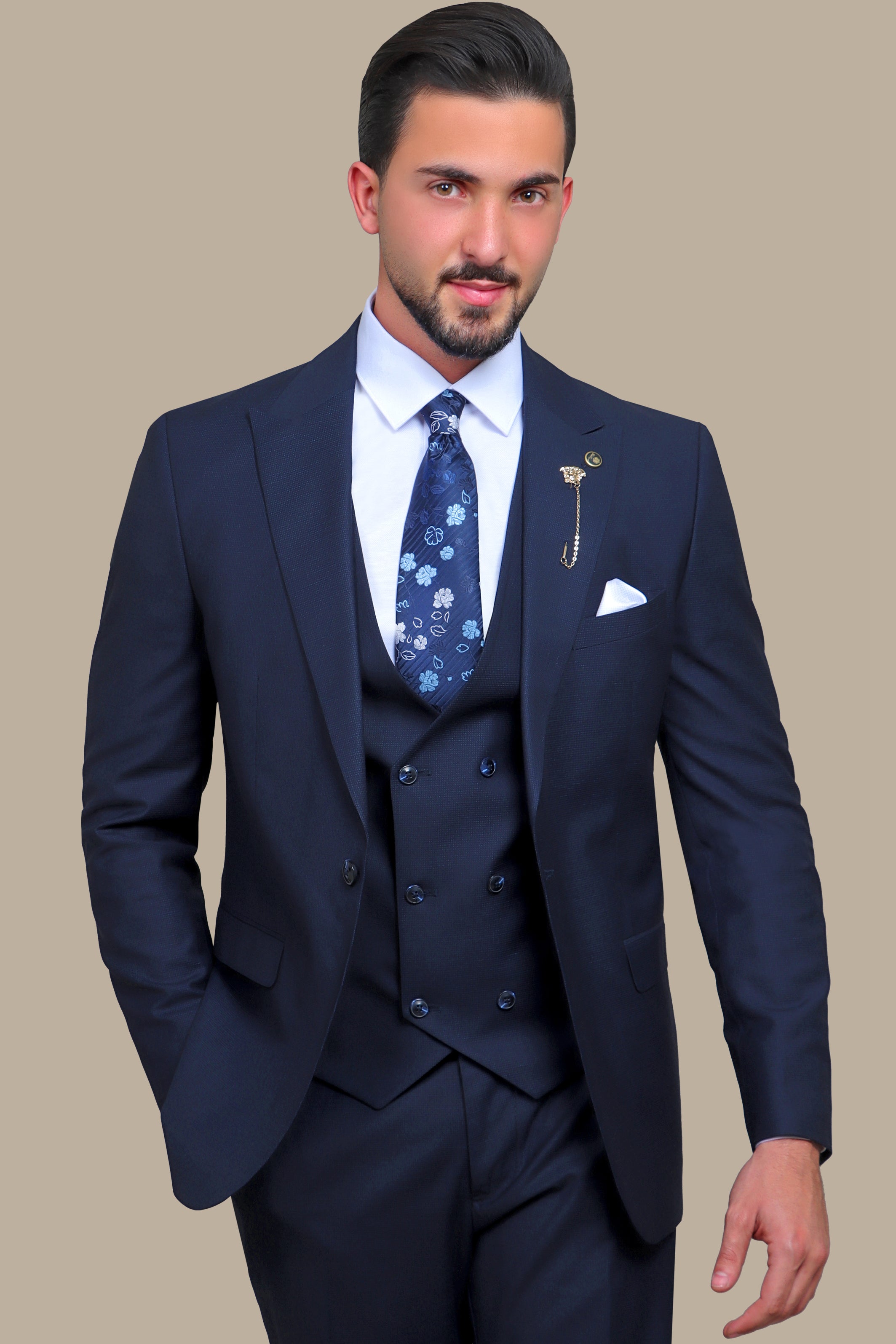 Navy Checkered Elegance: The Peak Lapel 3-Piece Suit