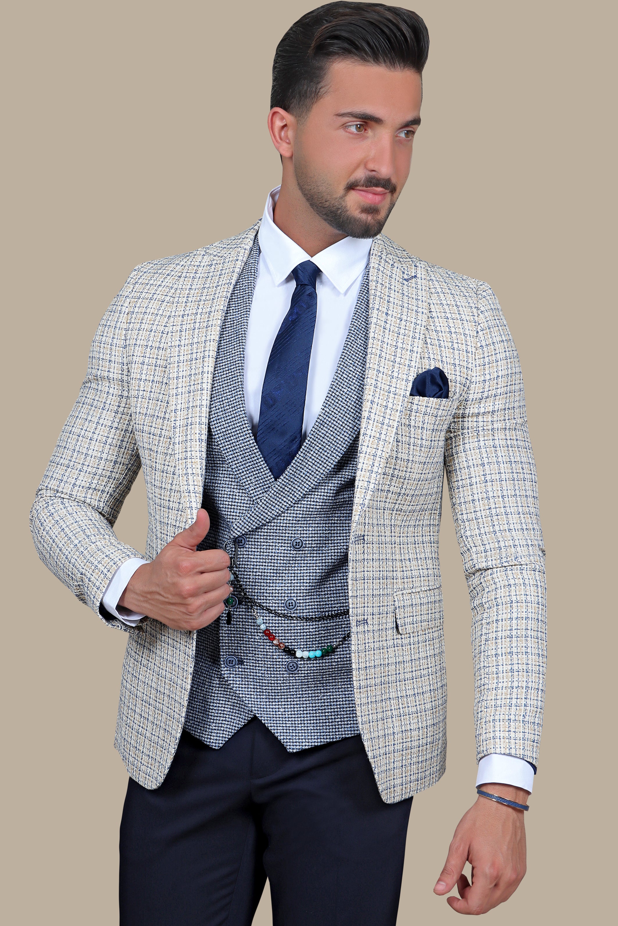 Beige Brilliance: The Ultimate Checked Mix and Match 3-Piece Suit