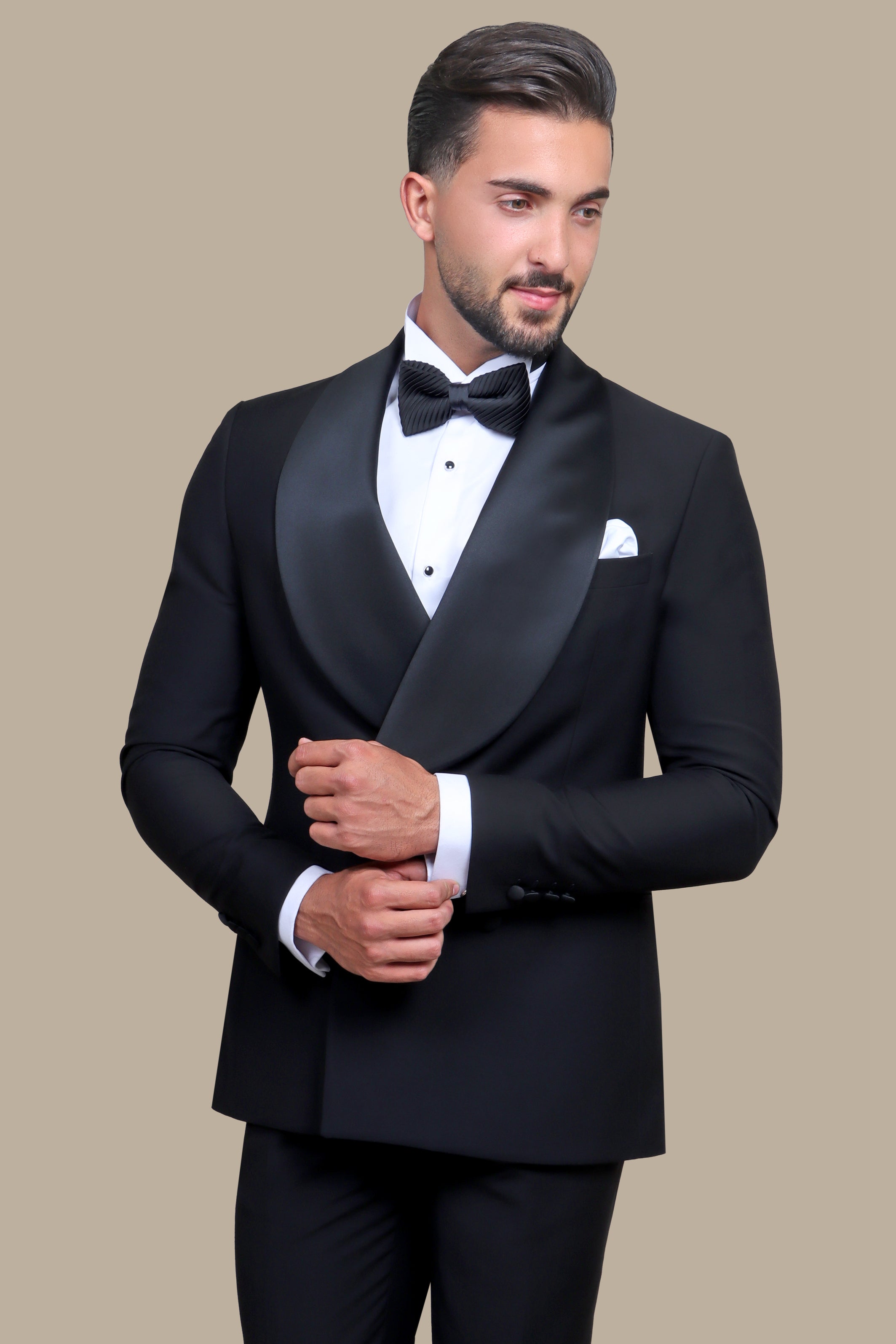 Midnight Classic: Black Tuxedo with Wide Shawl Collar