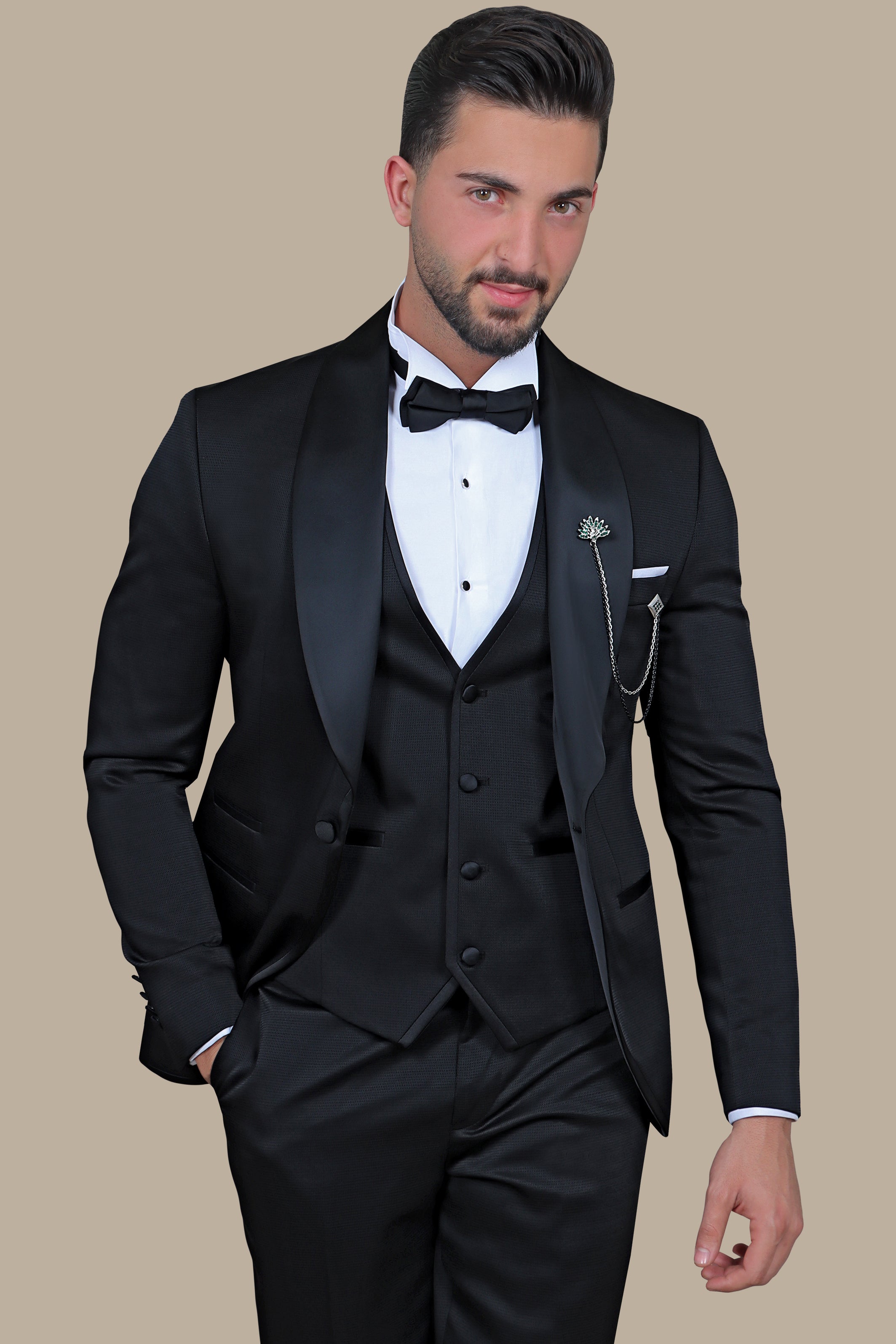 Tuxedo Pattern Wide Col Chale 4 Pcs | Black