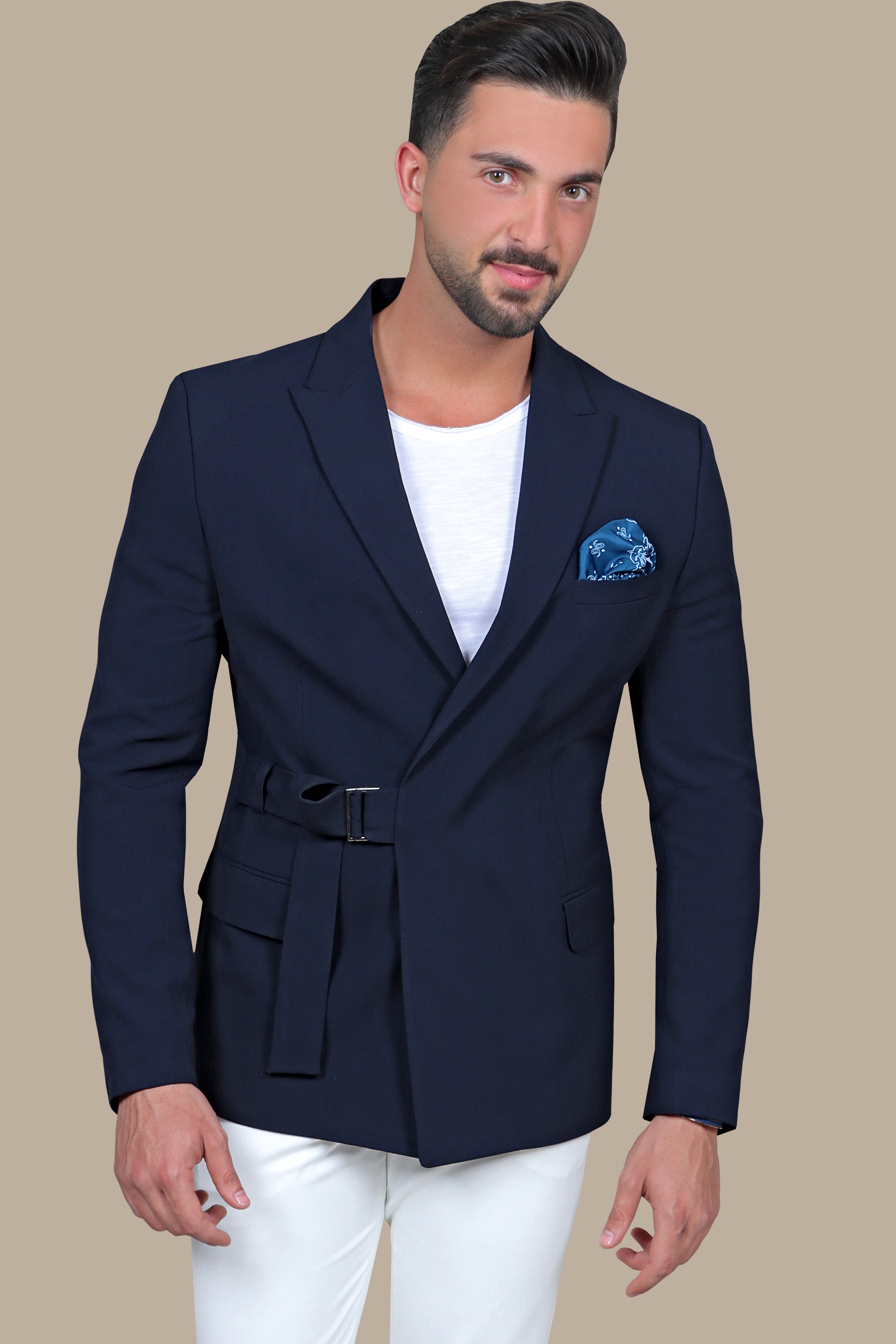 Navy Blazer with Side Belt: Simple Style, Classic Elegance