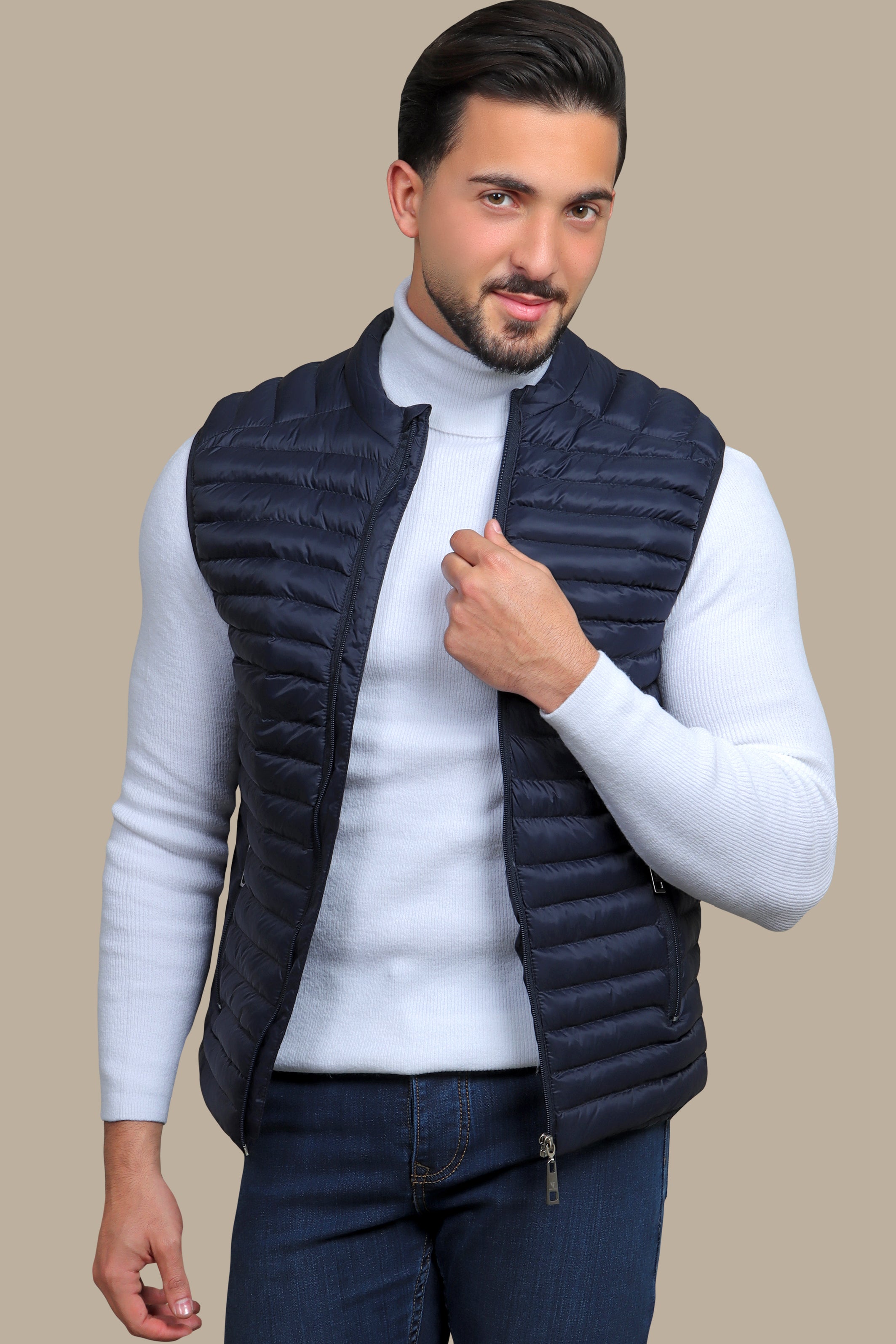 Midnight Luxe: Navy Padded Puffer Vest for Sleek Comfort