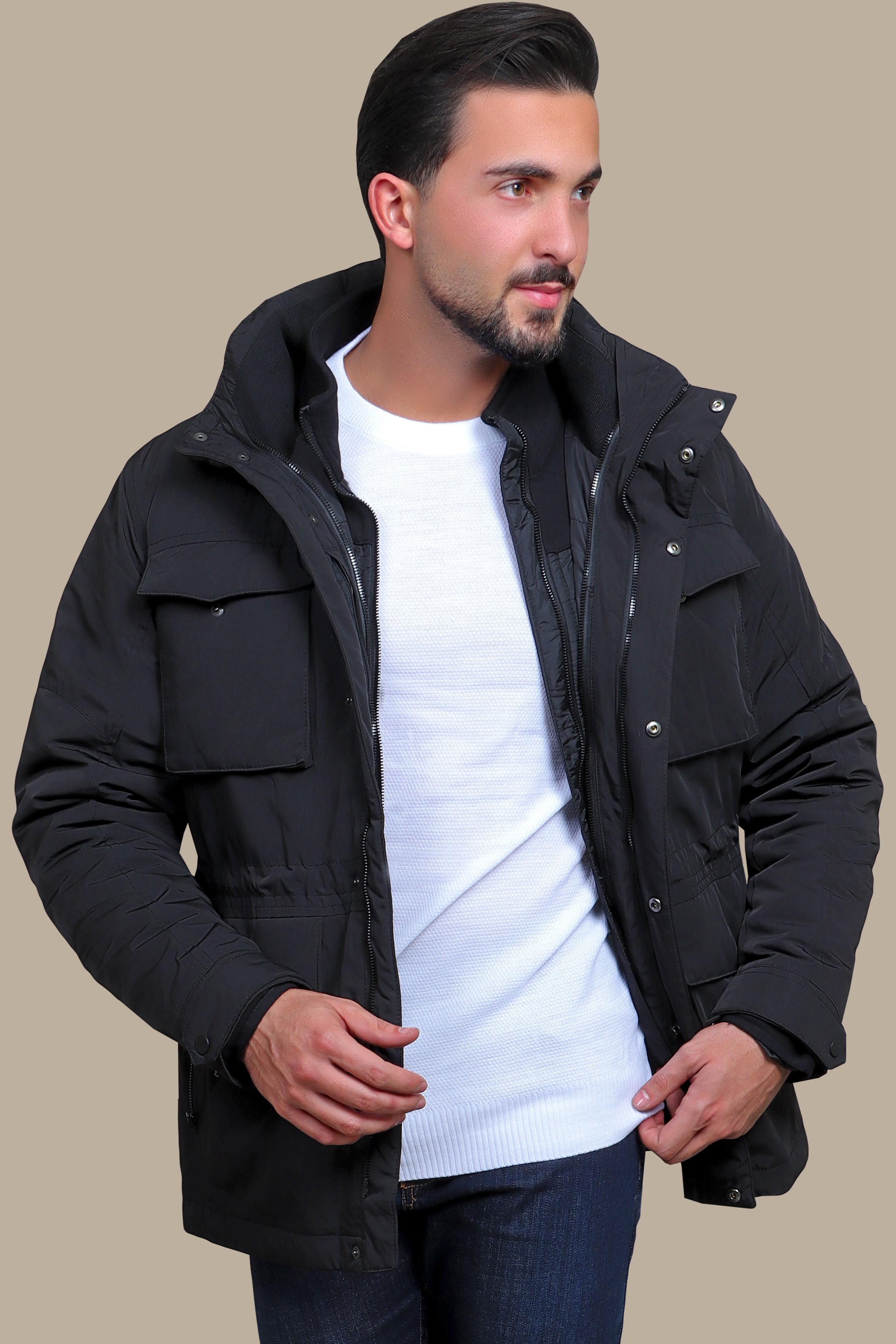 Adaptable Allure: Black Detachable Windbreaker Jacket