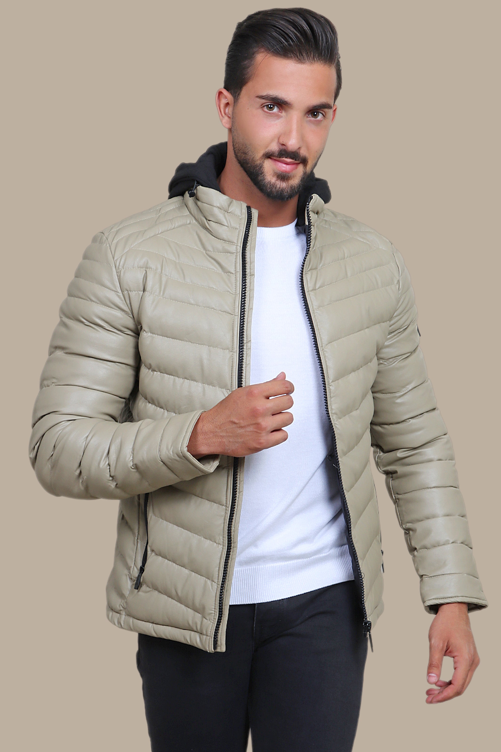 Beige Elegance: Hooded Leather Puffer Jacket