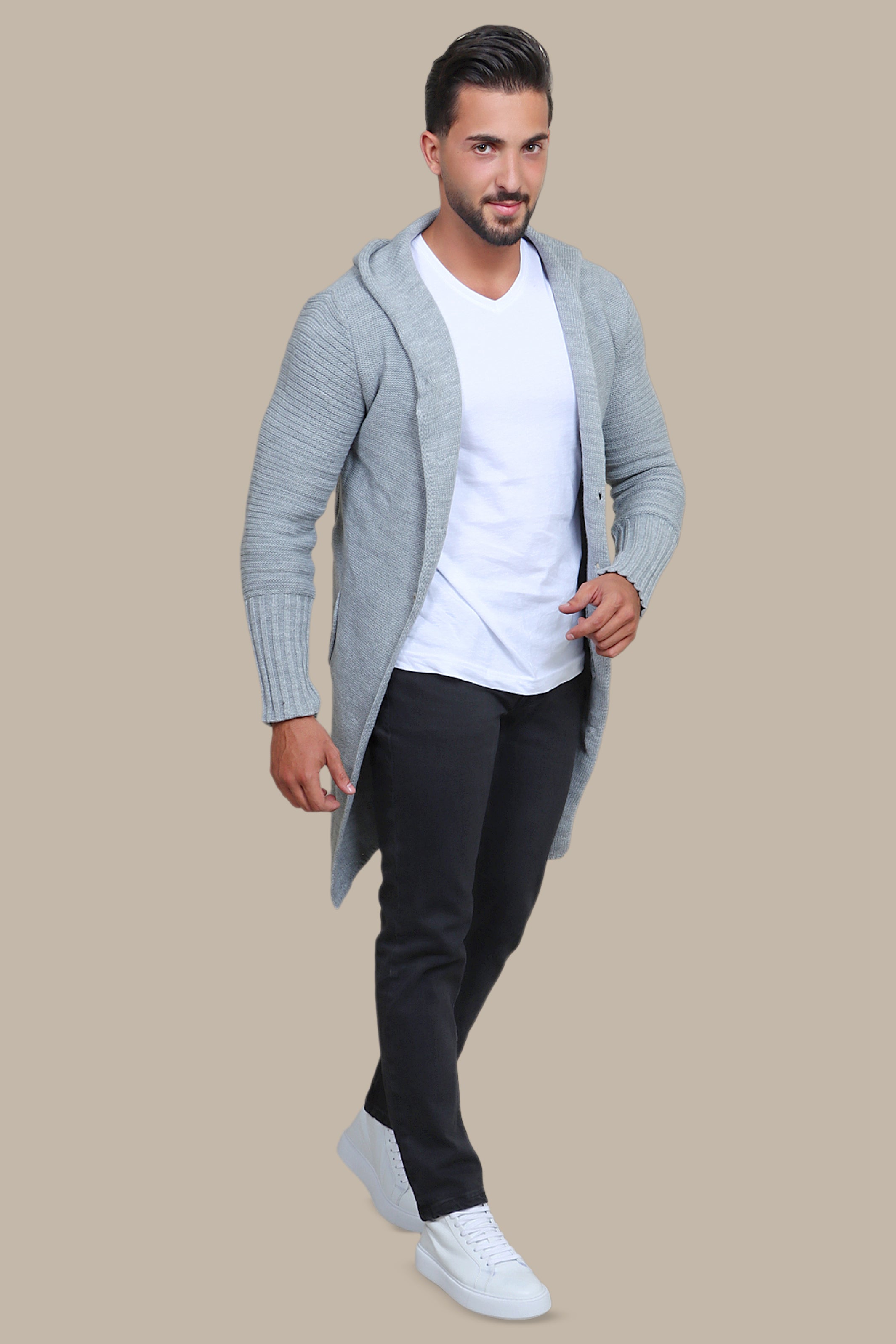 Light Gray Long Cardigan with Ribbed Sleeves: Cozy Comfort with a Stylish Twist