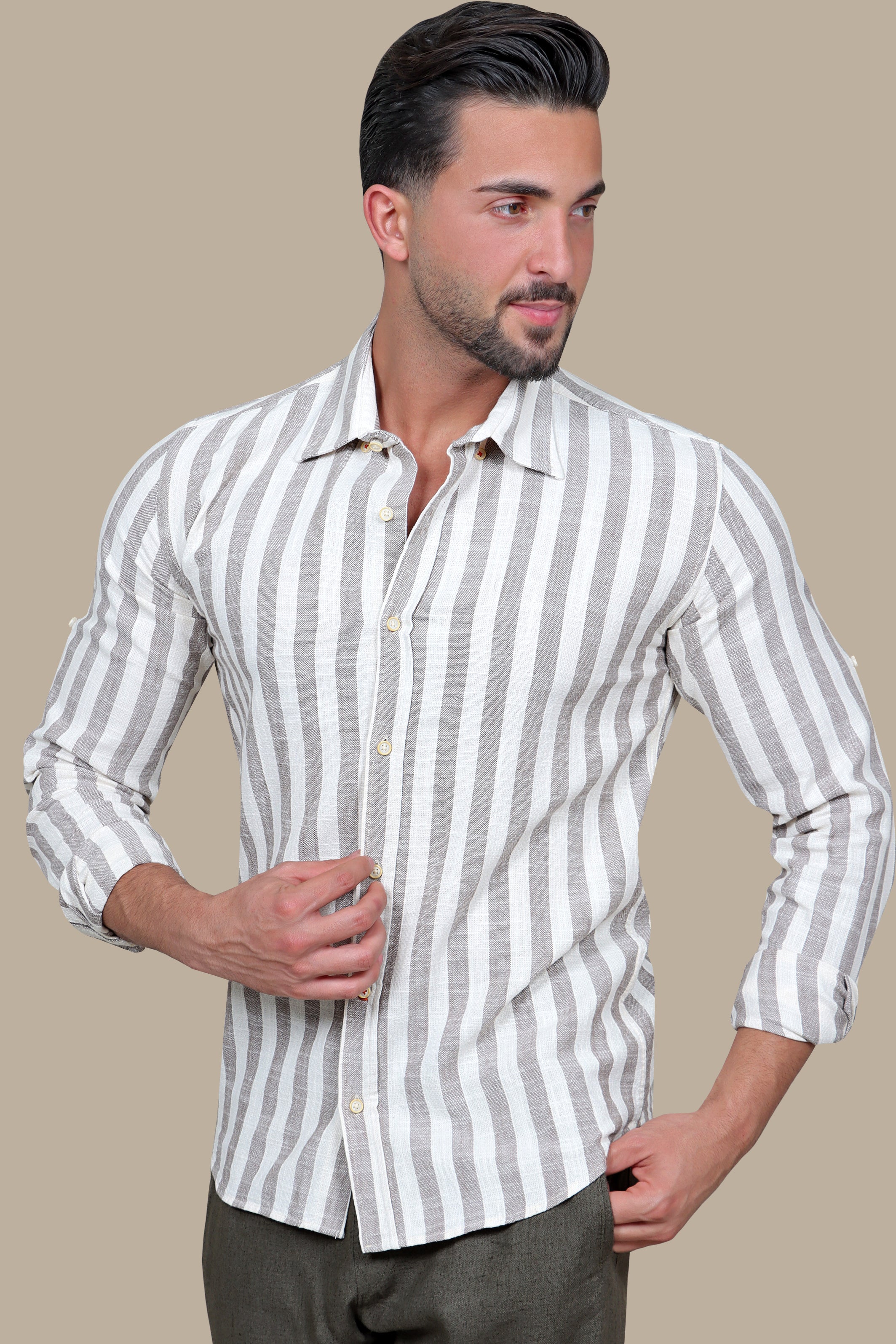 Shirt Linen with Wide Stripes | Brown
