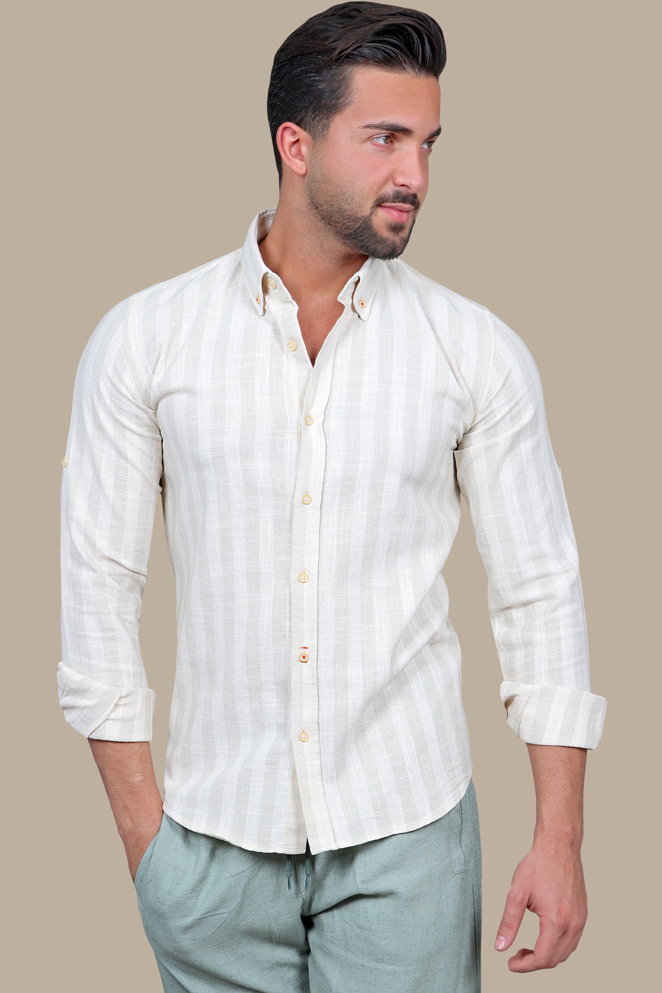 Shirt Linen with Wide Stripes | Olive