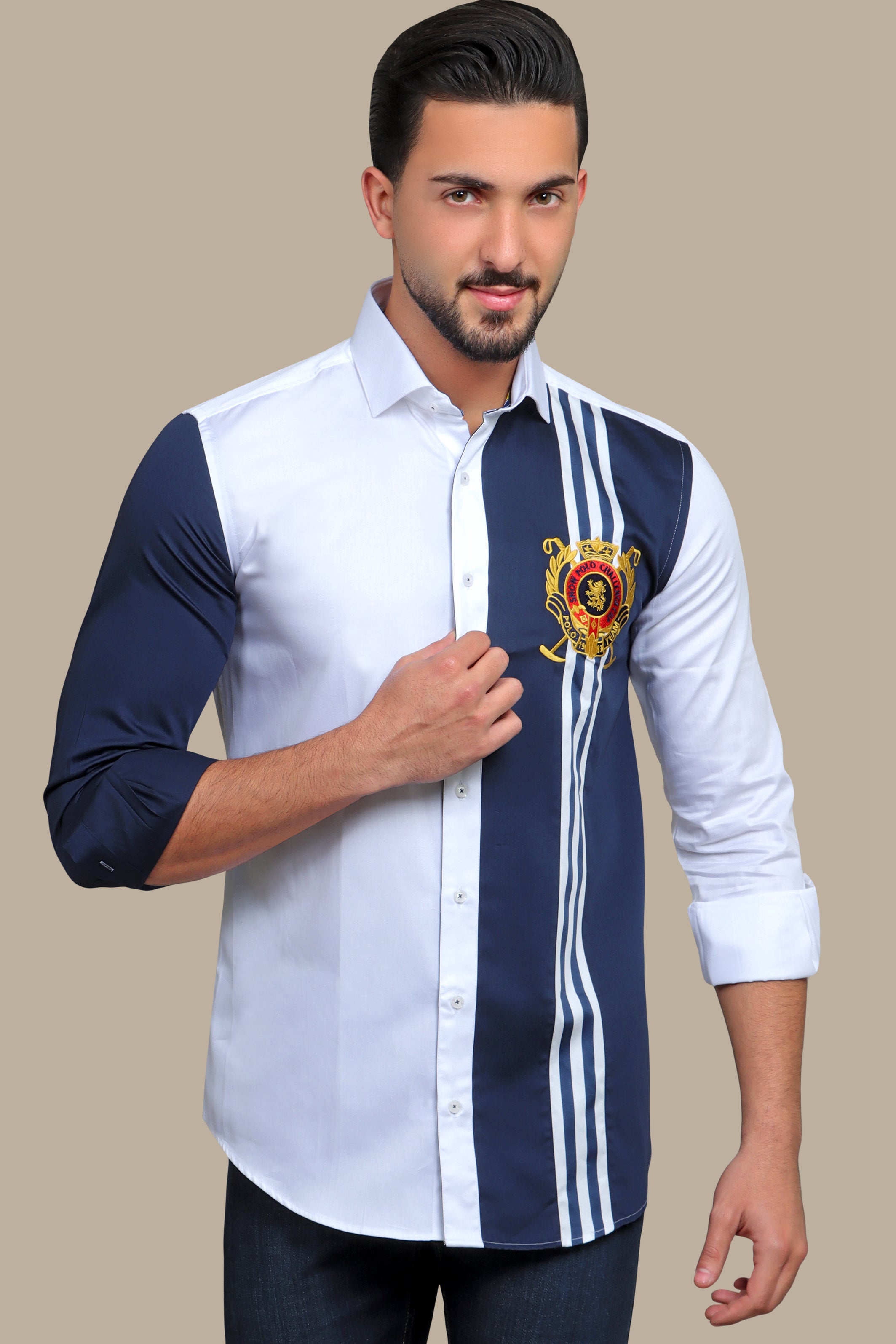 Regal Pride: White Shirt with Lion and Polo Badge Embellishments