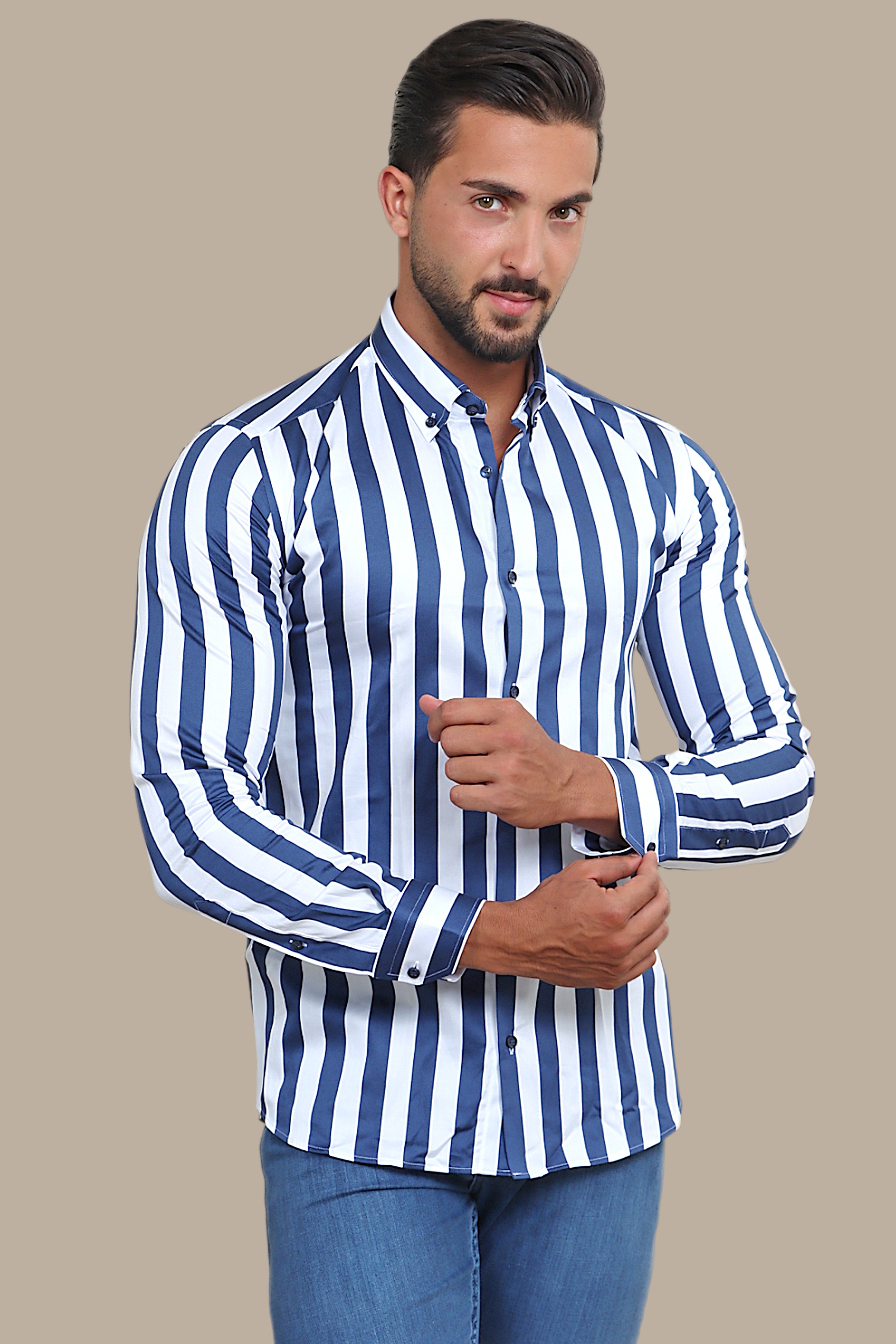 Nautical Charm: Navy Wide Stripe Shirt